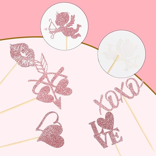 Miniatura 3 de 60 piezas de adornos para cupcakes con purpurina para el día de San Valentín, cupido, amor, corazón, labio, beso me sé mío, sé mío, XOXO, para