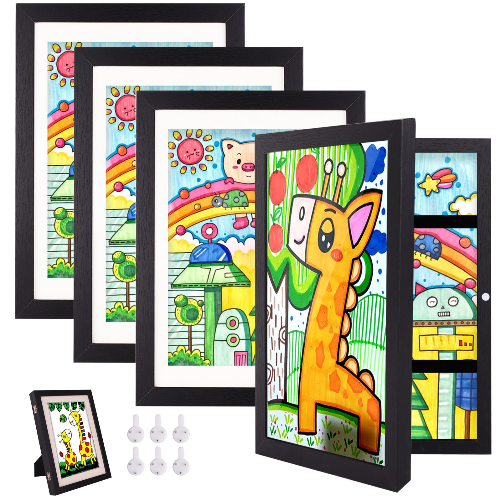 Kids Art Frames, 4 Pack A4 Photo Frame for 150 Pictures, Fillable Front Opening Kids Artwork Display Frame with Mount for Hang or Stand Display Children's Drawings(Black)