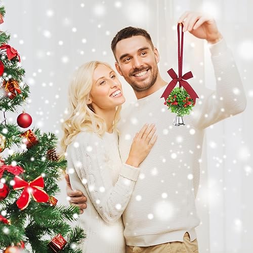 Miniatura 5 de Chuangdi 2 bolas colgantes de muérdago navideño, bolas artificiales de muérdago, decoraciones de bolas de besos con nudos de lazo y campanas para