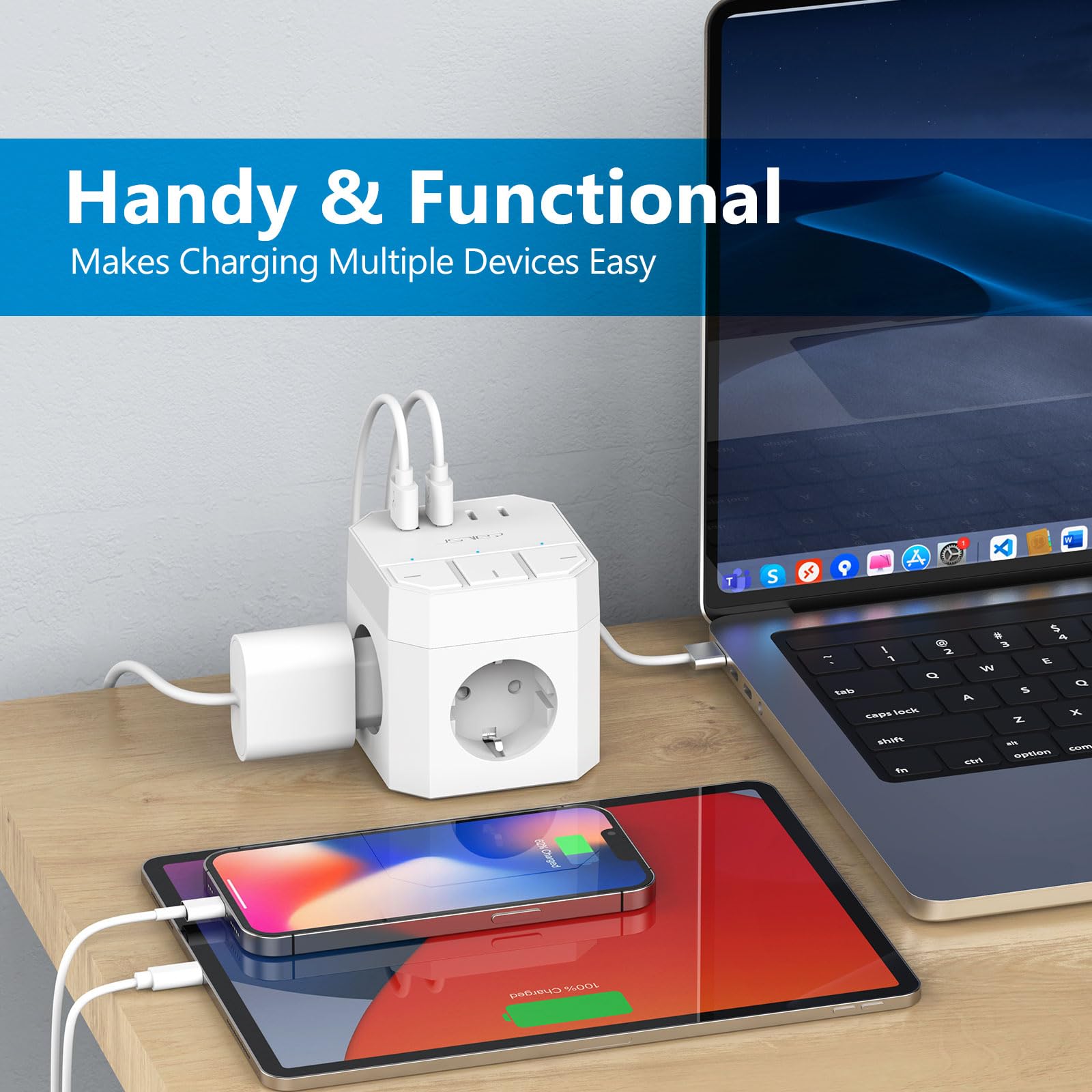 JSVER Listwa Zasilająca Cube z Indywidualnymi Przełącznikami USB-C, 3 Gniazdami, 2 Portami Typu C i 2 Portami USB-A, moc 3680 W, 16 A, kabel 2 m do Smartfonów i Tabletów-Biała