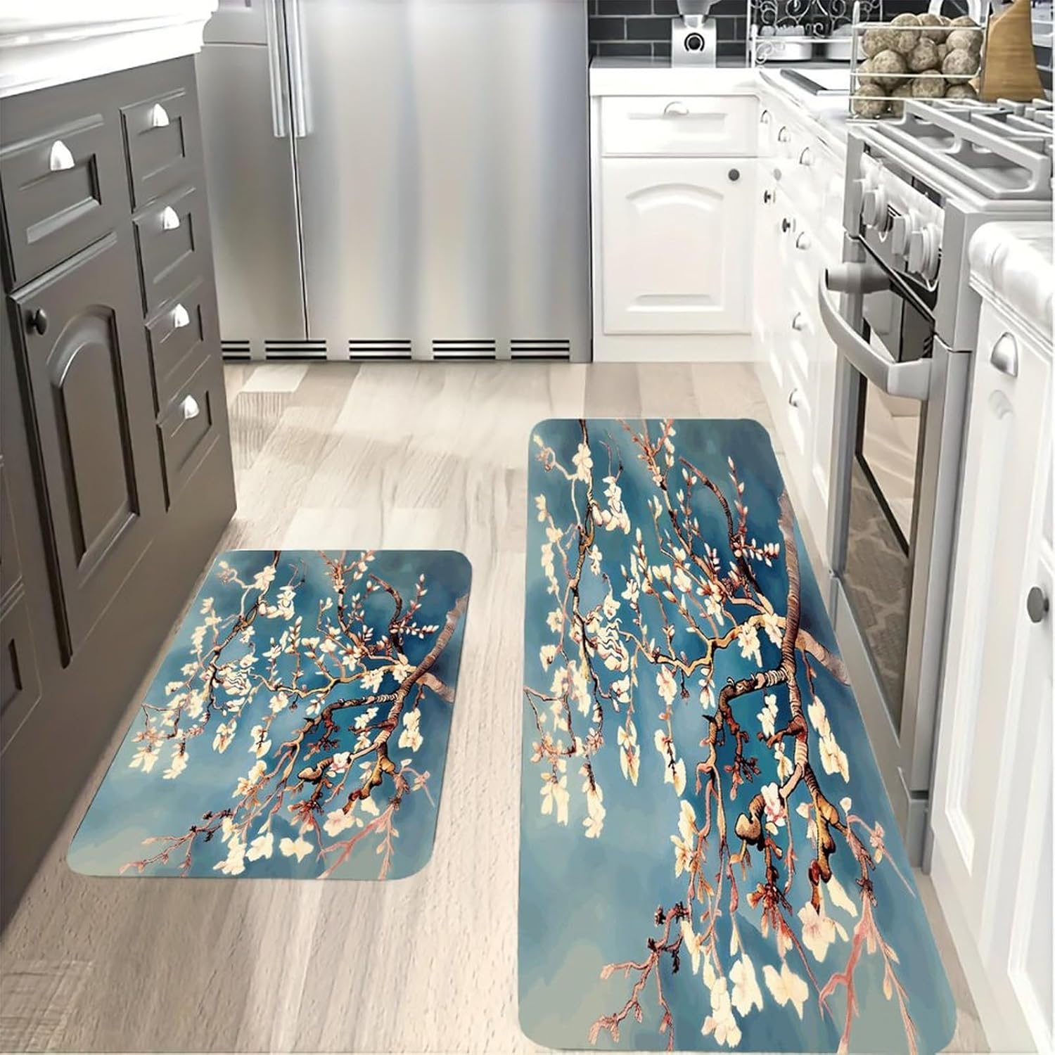 Almond Blossom Kitchen Mat Set of 2 Ergonomic Comfort Velvet Rugs Cushioned Anti-Fatigue Non-Slip Standing Mats Thick Kitchen Floor Mat Carpet Runner Rugs 16"×24"+17"×47"