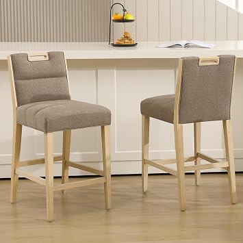 Retro Bar Stools Set of 2 Wooden Linen Kitchen Stools with Upholstered Back and Footrest, Counter Bar Chairs for Home Kitchen Islands Brown