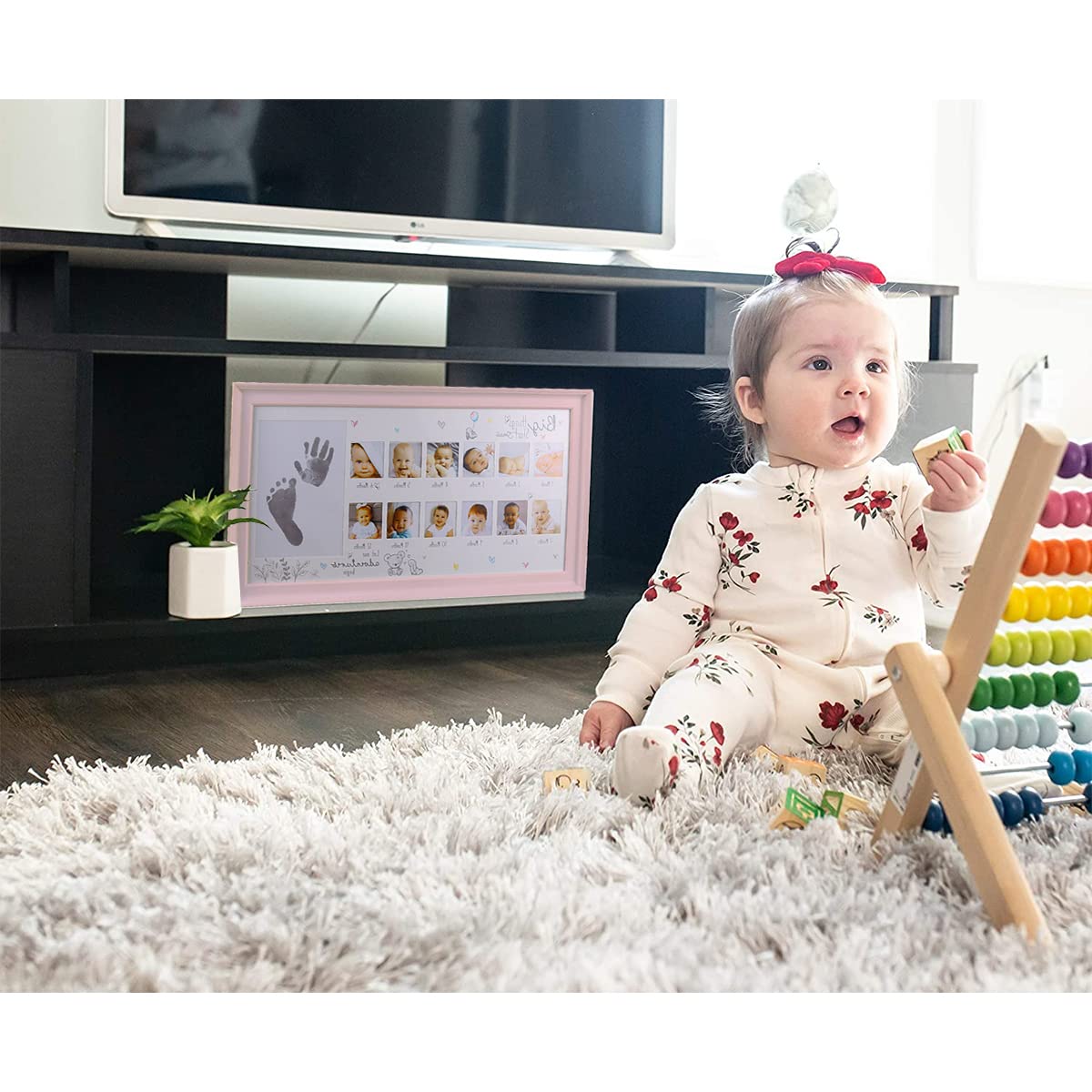 LEcylankEr Empreinte Bébé Cadres Photo,croissance Record Cadeau Bebe,Kit Empreinte Bébé​avec Tampon Encreur (Rose)