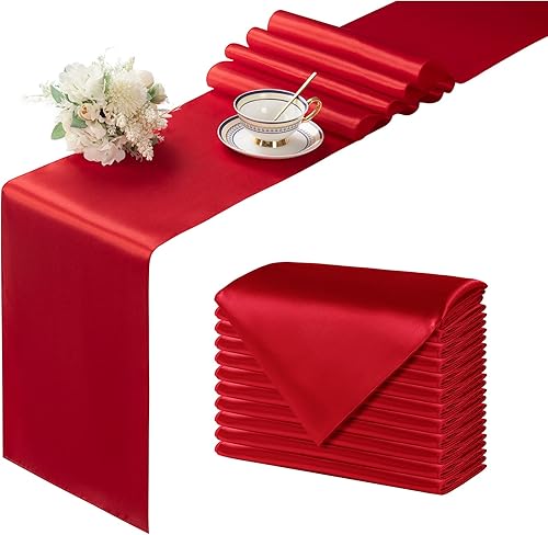 Manyshofu 12 caminos de mesa de color rojo satinado  12 x 108 pulgadas de largo, decoración de camino de mesa para fiesta, decoración de boda,