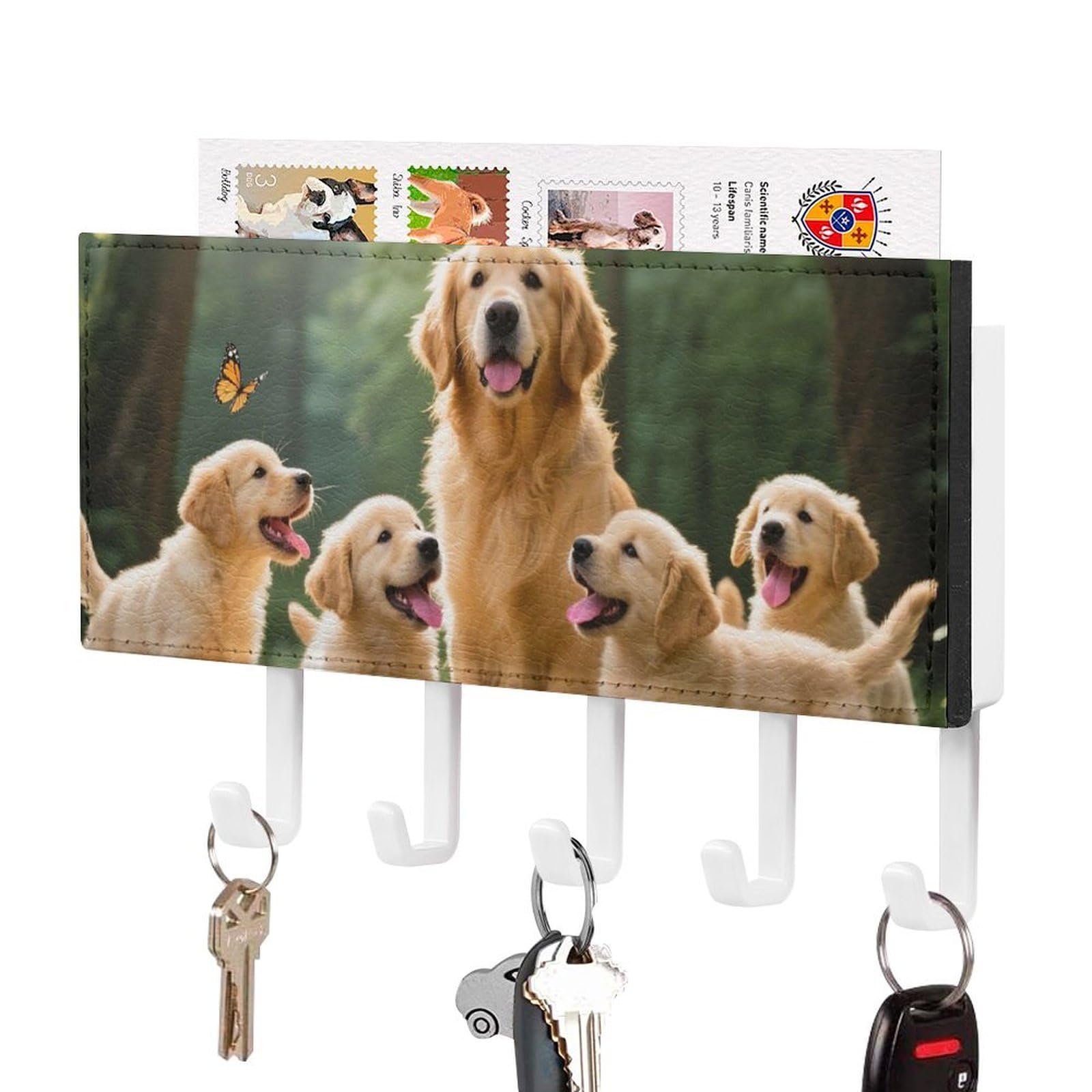 DWVTSLH Dog Key Holder for Wall, Decorative Key Hooks with Mail Organizer & 5 Hooks, Self Adhesive Leather Key Hanger for Entryway, Wall Mounted Key Rack (7.1” X 4.3” X 0.9”)