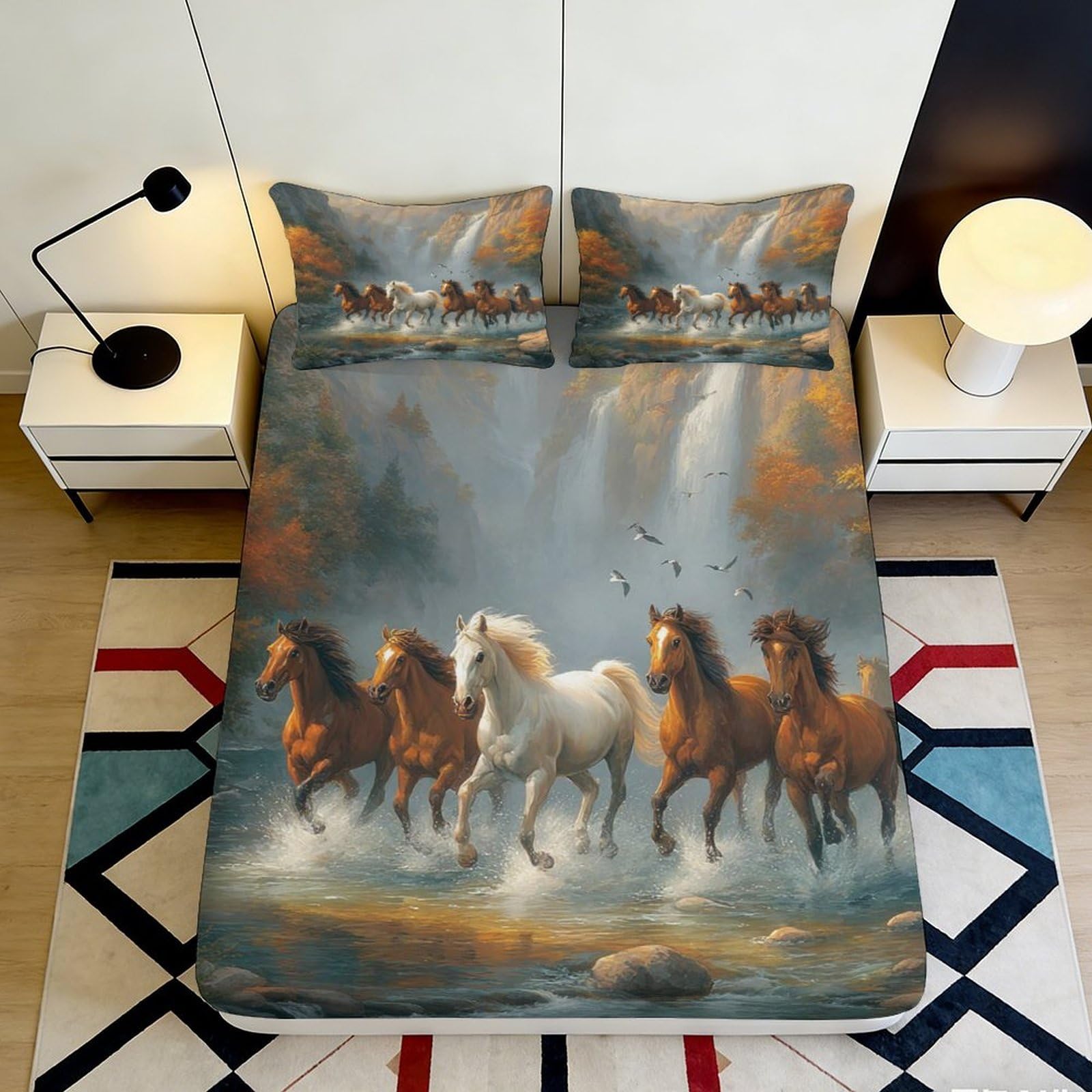 3D Printed Wild Horse Fitted Sheet Microfiber Soft Breathable Sunset Forest Bed Cover for Bedroom Guest Room Decor 90x200x25cm