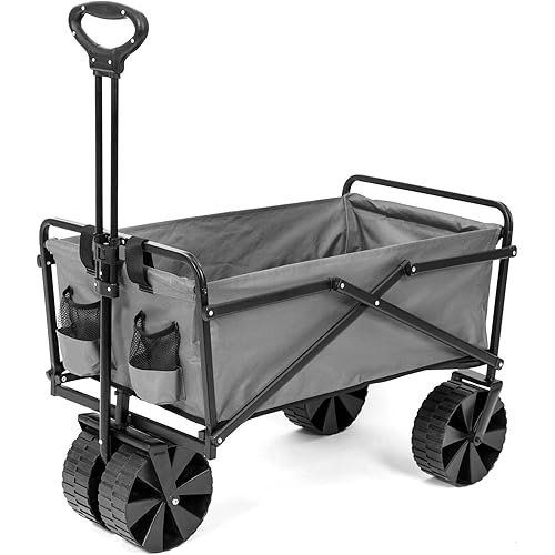 Seina Heavy Duty Steel Frame Collapsible Folding Outdoor Portable Utility Cart Wagon with All Terrain Plastic Wheels and 150 Pound Capacity, Gray