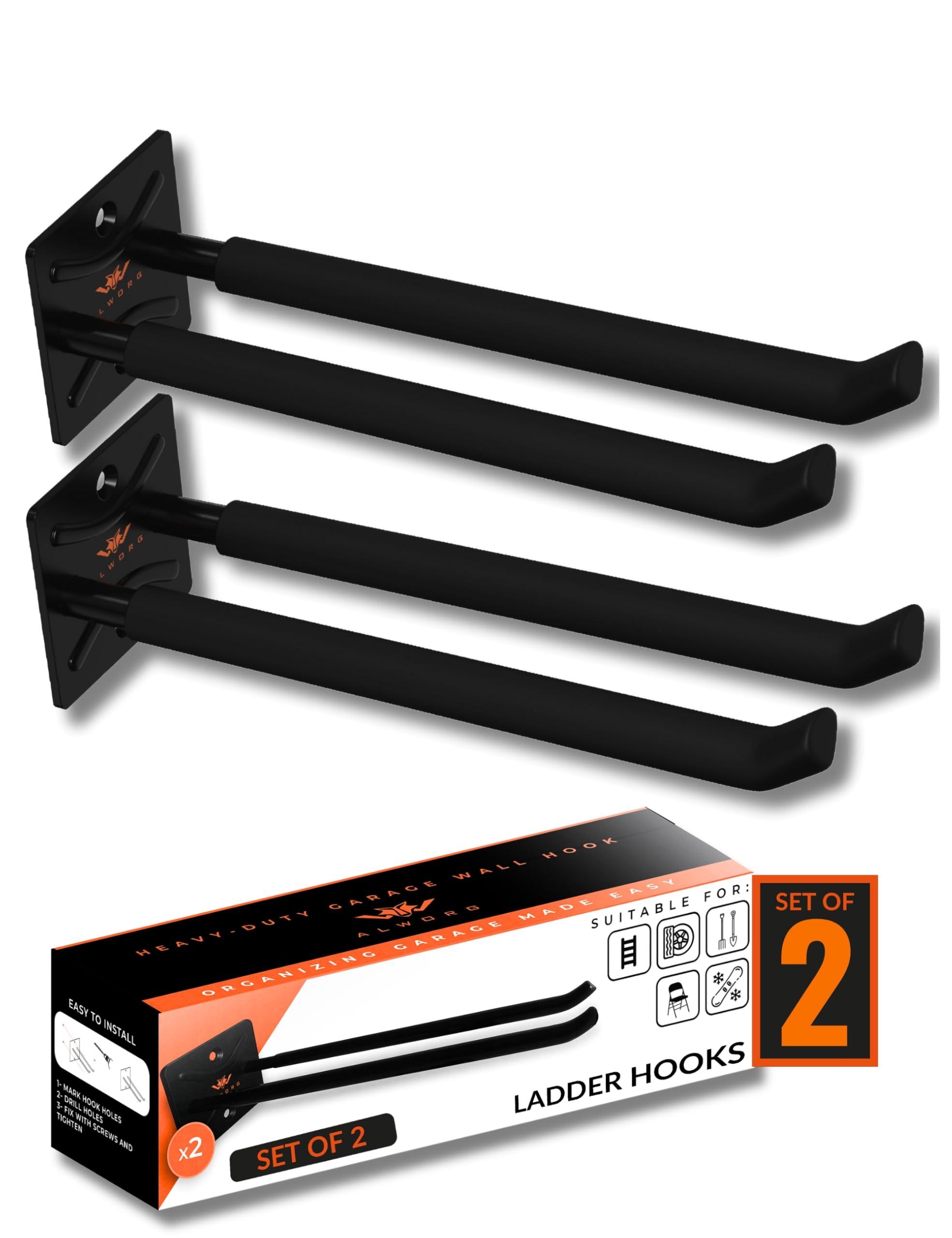 Alworg Black Ladder Hooks For Garage Wall - Heavy Duty Storage Hangers Wall Mount Brackets To Hang Garden & Shed Tools, Chairs, Tire And More - Van Storage Solutions