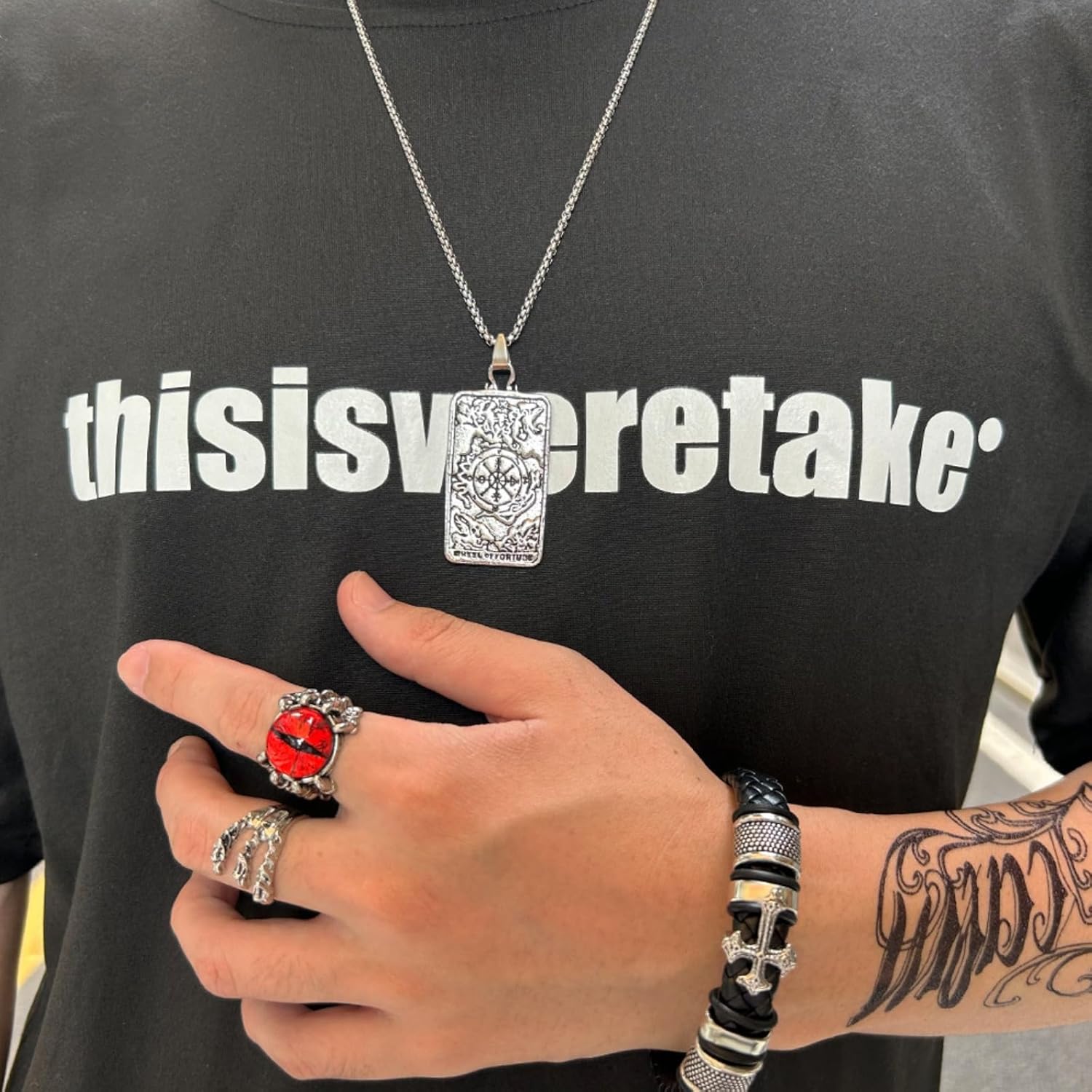 Unisex Stainless Steel Tarot Card Pendant Necklace for Men Women,Titanium Steel Tarot Card Wheel of Fortune Charm Jewelry Chain Necklace for Mens,24inch Chain - Image 2