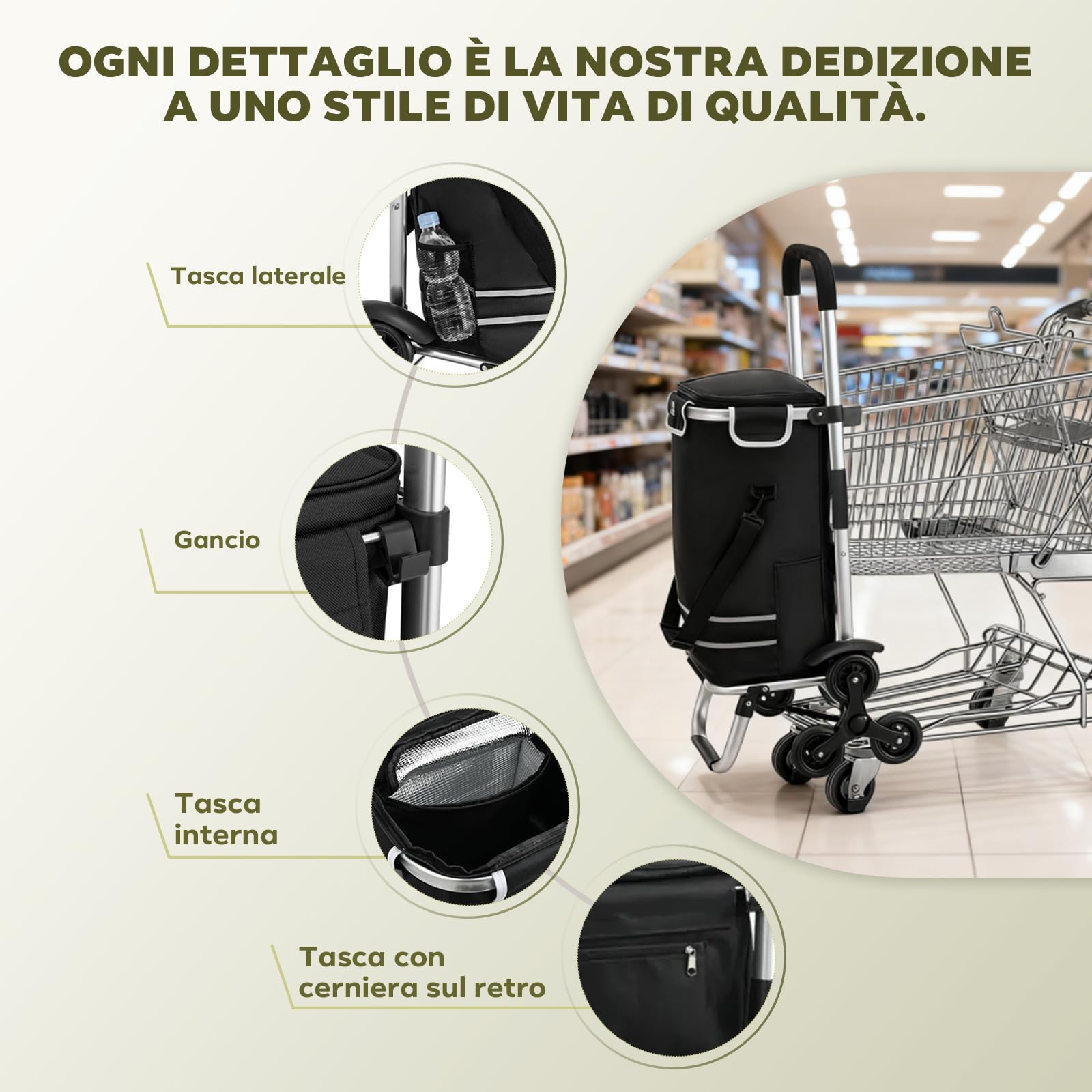 Carrello della Spesa Pieghevole 56L con Comparto Frigo | 3in1 Trasportino come Carriola & Borsa a Mano | Portata fino a 40kg | Telaio Alluminio Resistente e Impermeabile | Nero