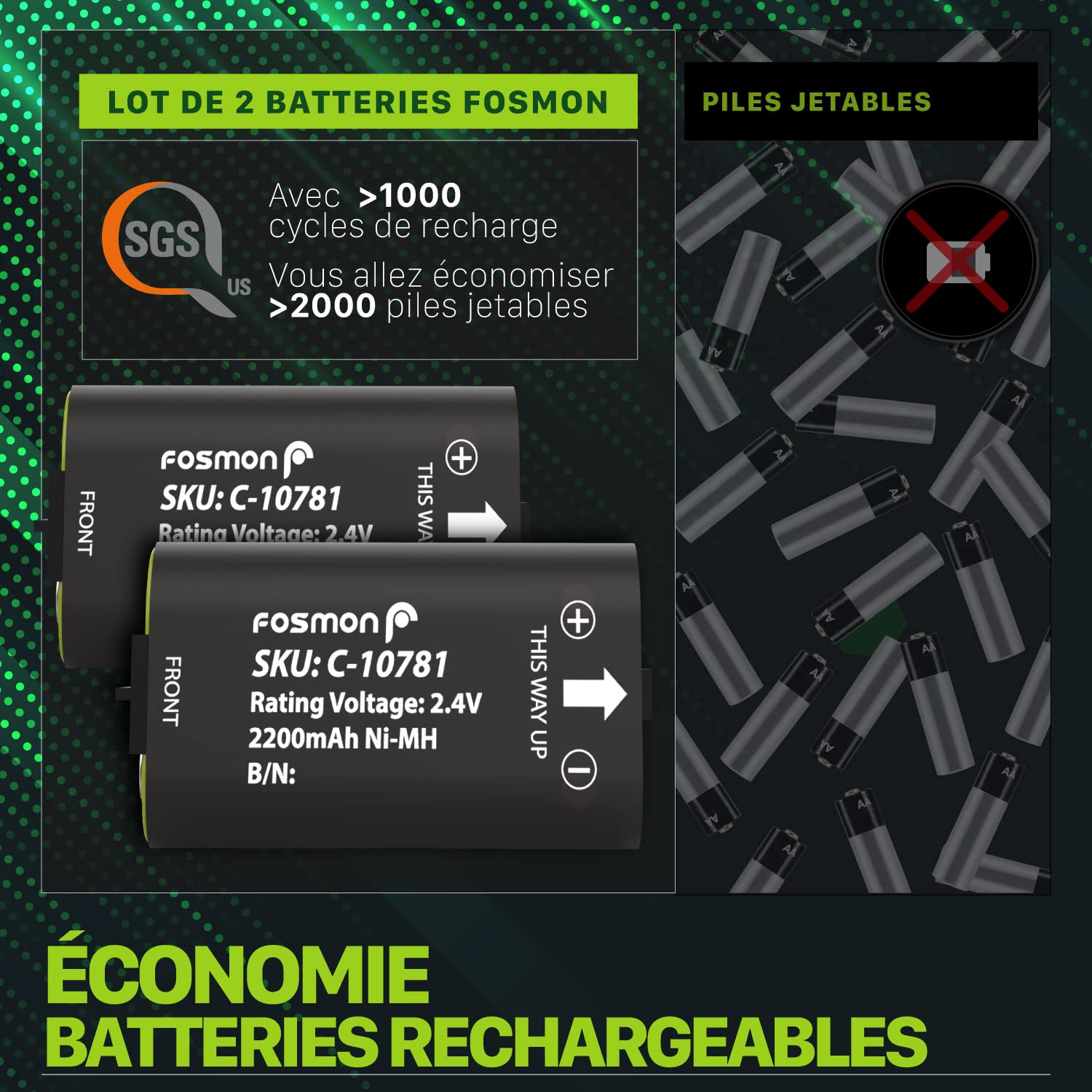 Fosmon – Double Chargeur de Batteries pour Manette Xbox avec 2 Batteries 2200mAh | Station de Charge Rapide 5280mWh pour Xbox Series X/S, One/X/S, Elite