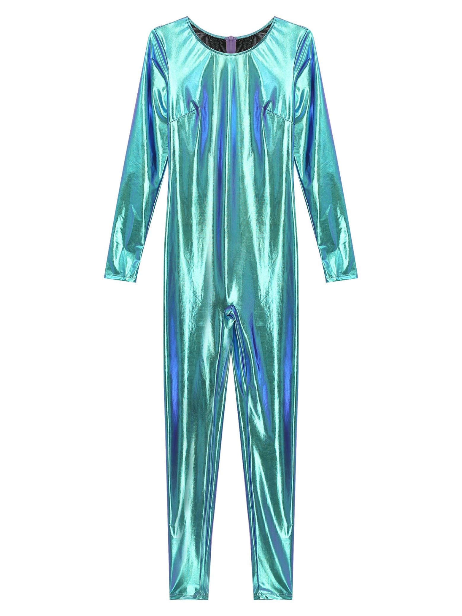 Mono de Gimnasia Rítmica para Mujer Bodies de Danza Brillante Metálico Mono Largo de Cuello Redondo Jumpsuit Traje de Cuerpo Entero Disfraz S-3XL