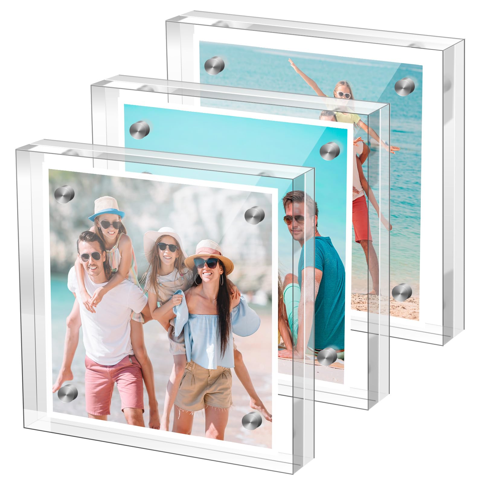 M-sorflly Small 4×4 Inches Acrylic Picture Frame(3 Pack)，Clear Magnetic Picture Frame for Wedding，Double Sided Frameless Photo Frame for Desktop Free