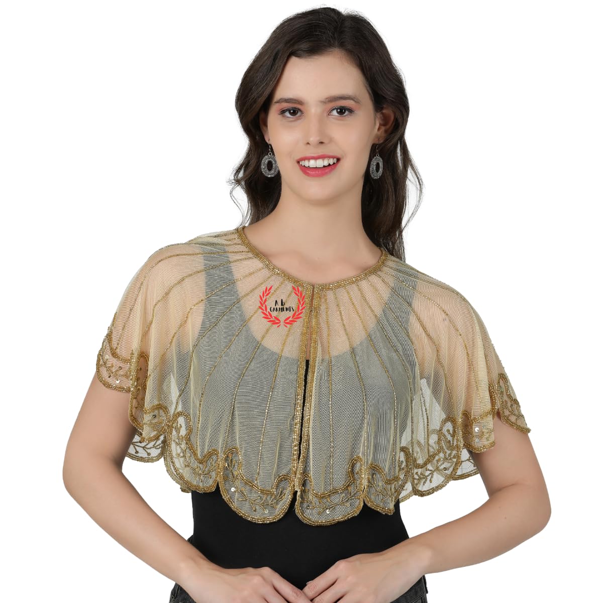 Women's Net Hand Bead Embroidery Designer Short Cape Shrugs Poncho-picture-21