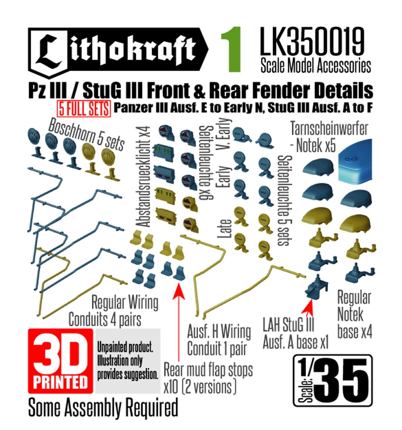 Lithocraft LK350019 1/35 WW2 - Juego de 5 piezas para modelo de plástico para tanque alemán III/III, pistola de asalto delantera y trasera