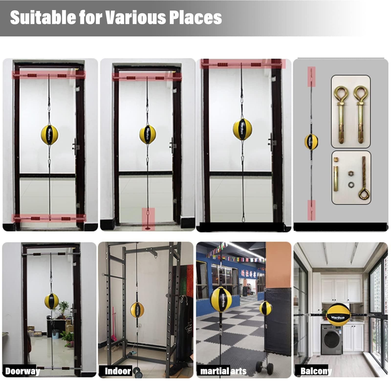 Sacco da boxe silenzioso per porta, sacco a doppia estremità e palla da boxe per riflessi per telaio della porta, soffitto e pavimento, palla antistress da appendere per fitness e ventilazione, sacc