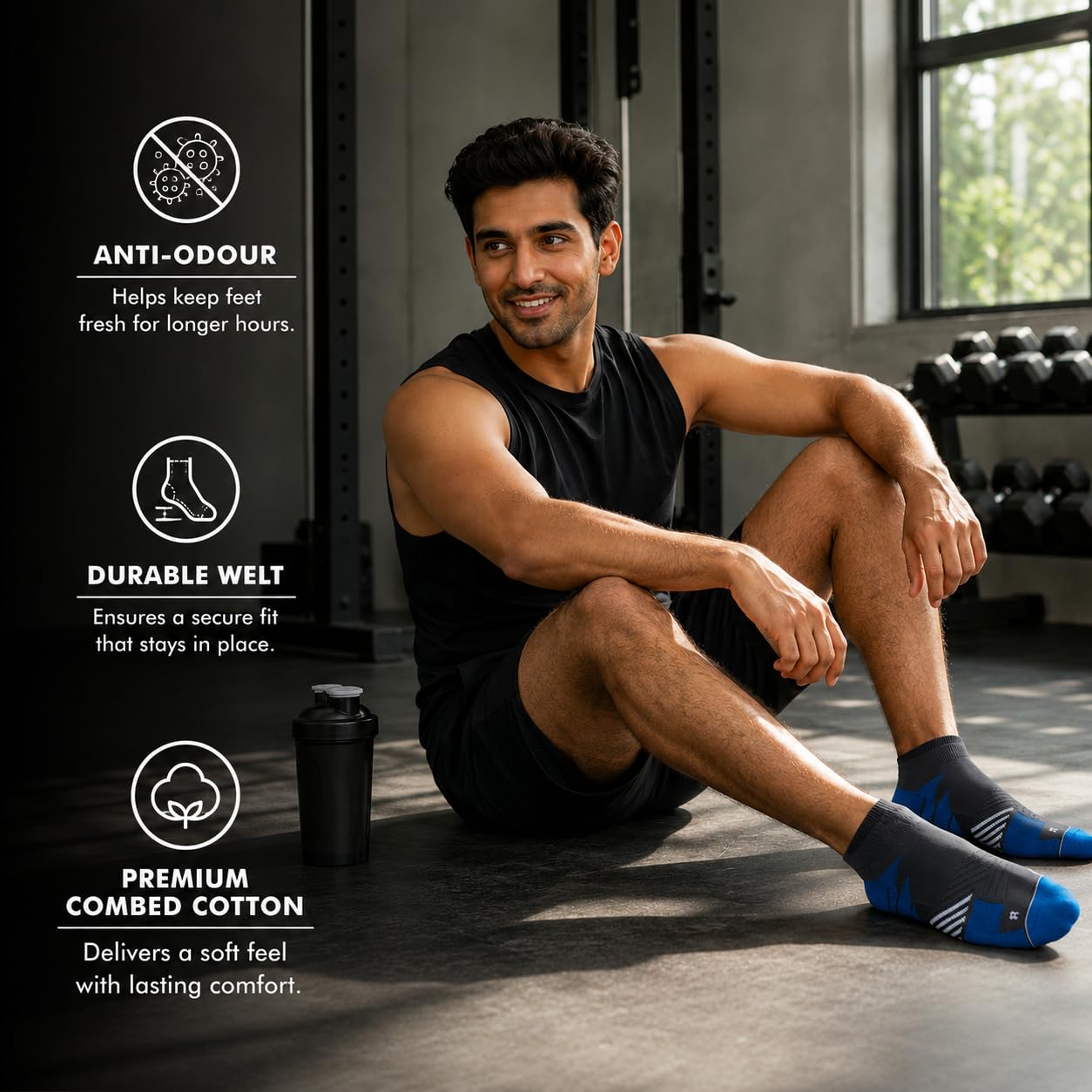 Supersox Ankle Length Performance Sports Socks for Man | Combed Cotton | Moisture Absorbent & Anti-Odour | Durable Welt for Long-Lasting Comfort | Black, Grey & Red | Pack of 3 2