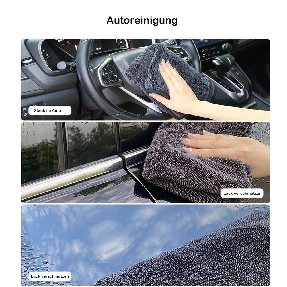 Auto Trockentuch 2 Stück Mikrofasertücher Reinigungstuch Handtücher Putzlappen Fenster Tücher Poliertuch Glasreinigungstuch Küchentuch Twisted Towel für Haus Küche Grau Einlagig (500 g/m²)