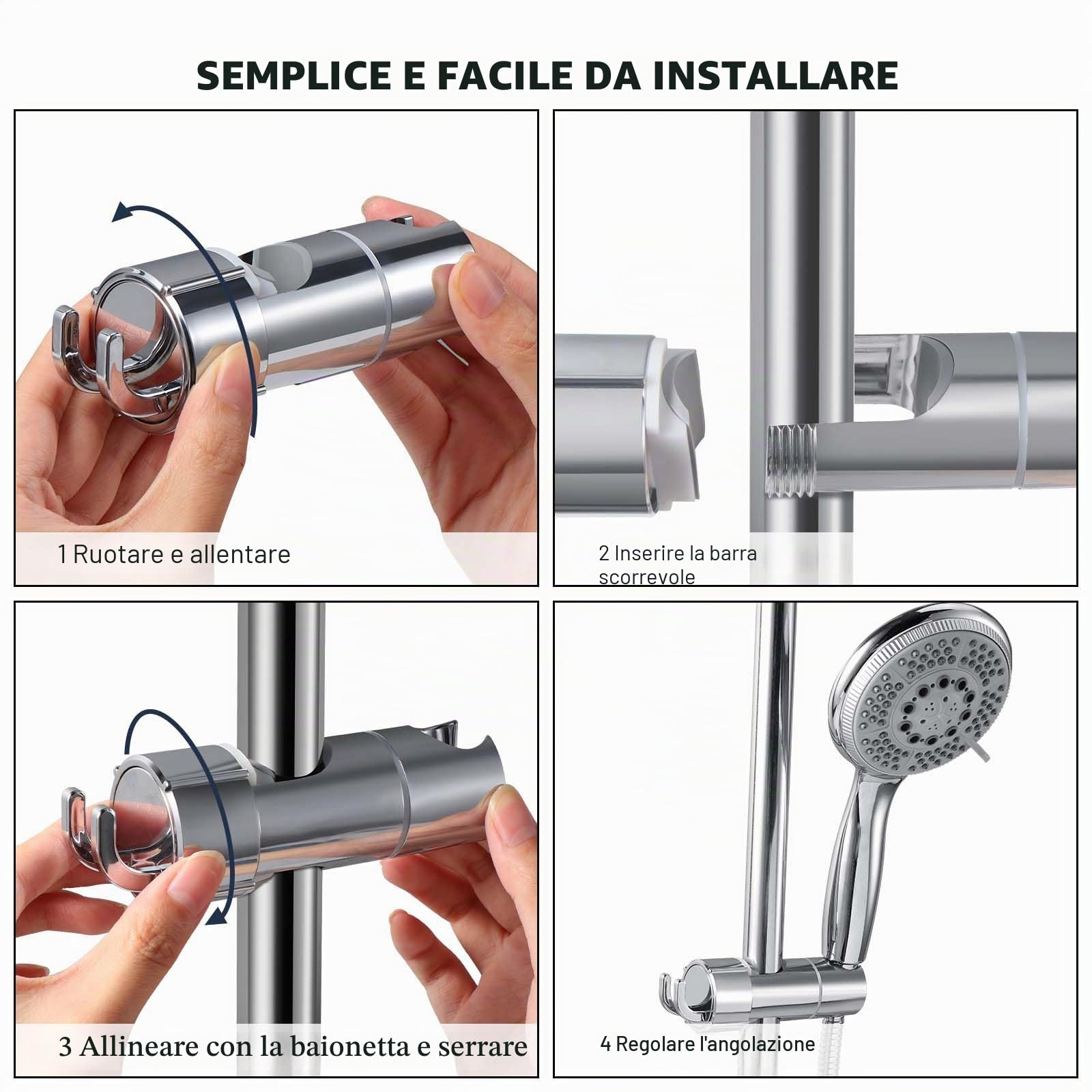 Vinabo Supporto Soffione Doccia, Supporto Doccia Senza Foratura, 18-25 mm, Diametro Regolabile, Supporto Doccetta con Gancio, Installazione Semplice