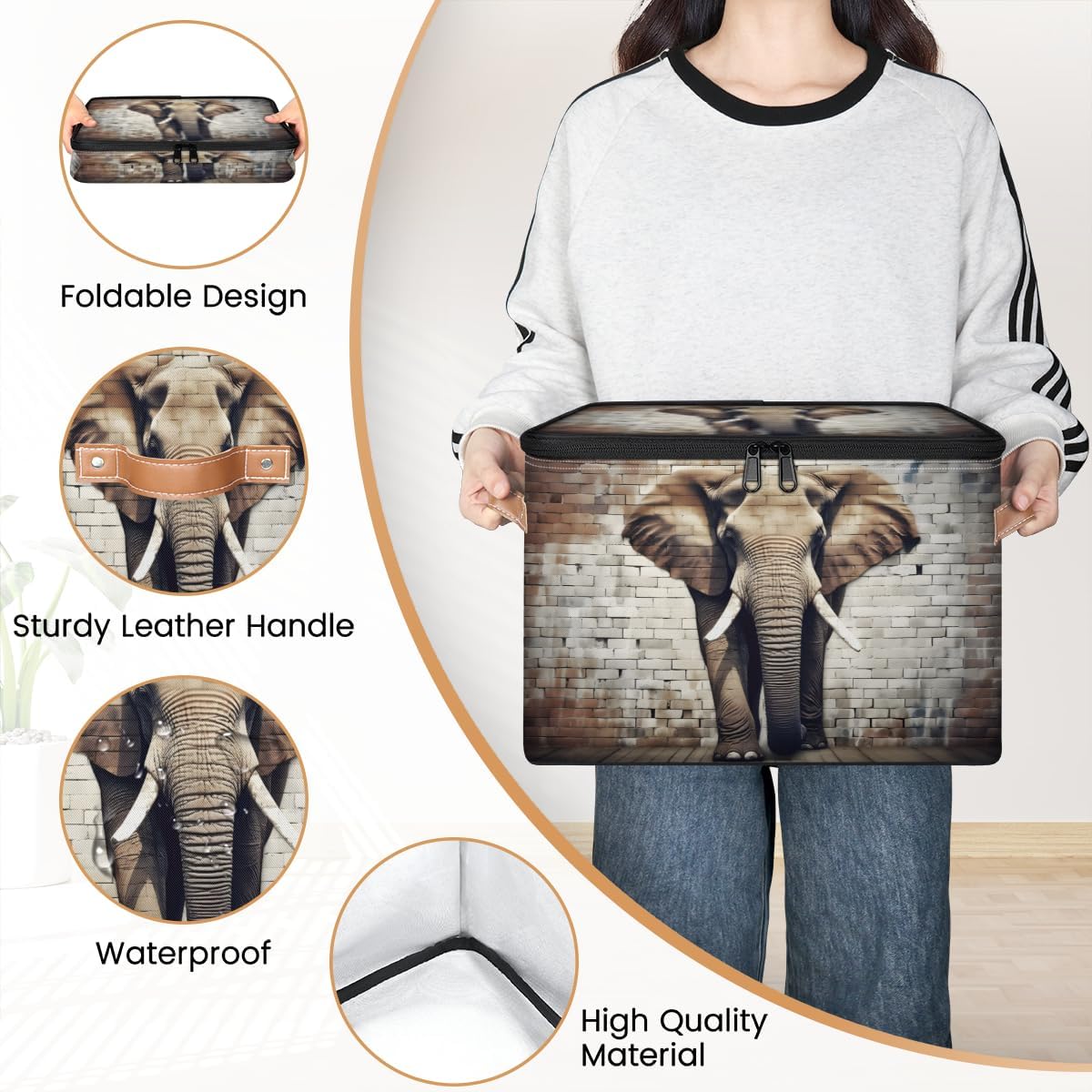 Storage Bin Set of 2 Elephant Wall Storage Basket with Zipper Lid & Handle Foldable Closet Shelf 2 Pack Cloth Organizer Basket Cube Bins Clothes Organizer for Bedroom, Nursery