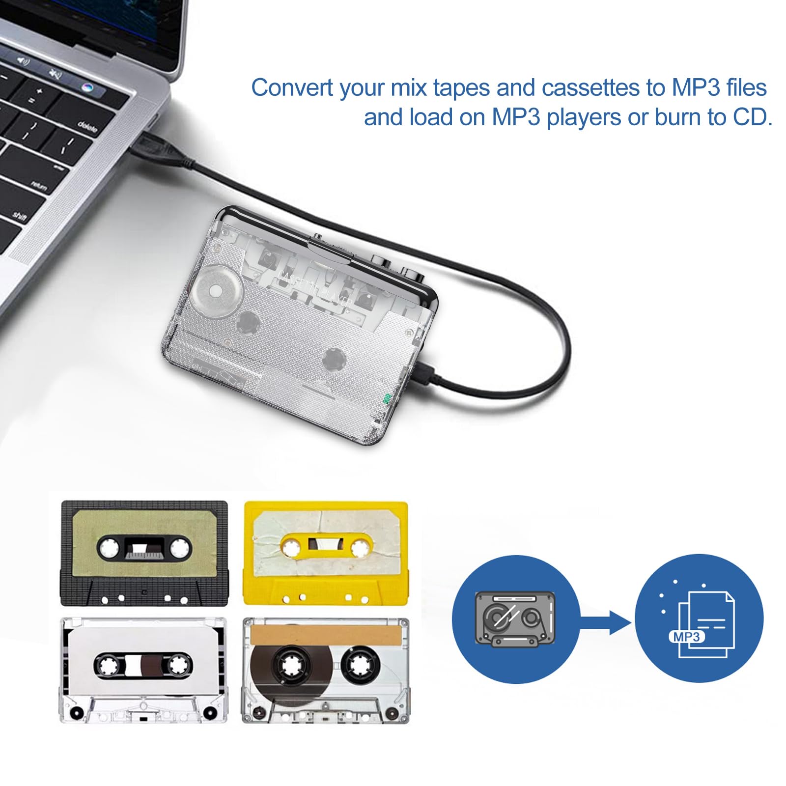 docooler Enregistreur convertisseur de cassette vers MP3 218PT via PC Lecteur de cassettes avec écouteur