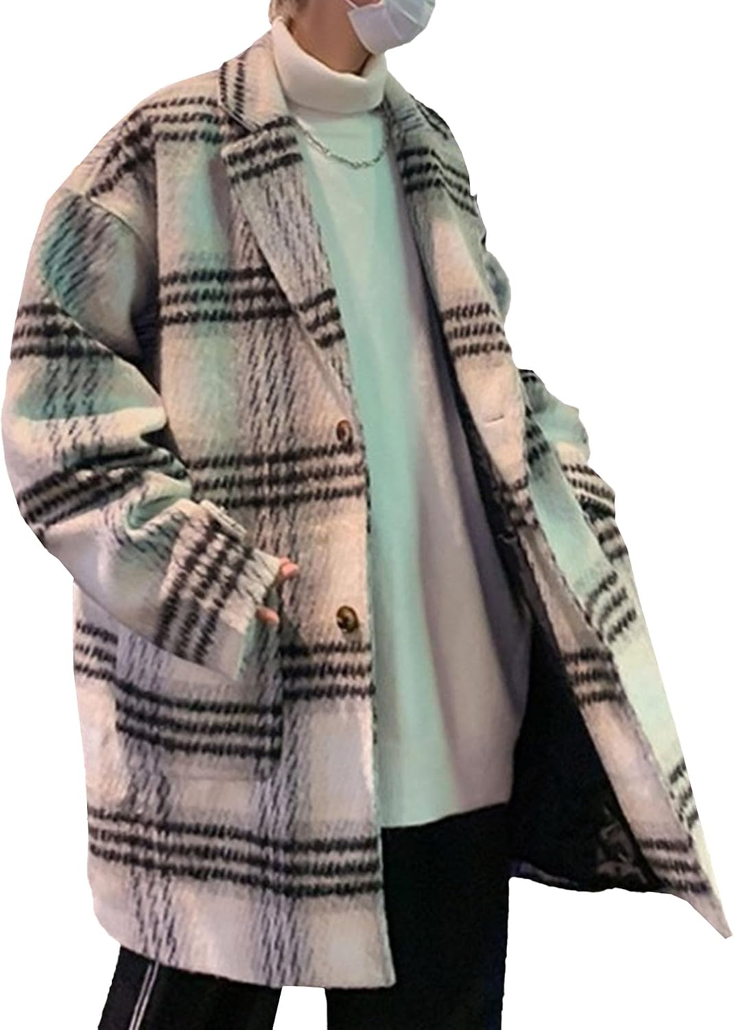 Men's Plaid Faux Wool Blend Coat Mid Long Notched Lapel Outerwear with Pocket Winter Casual Button Cozy Jacket
