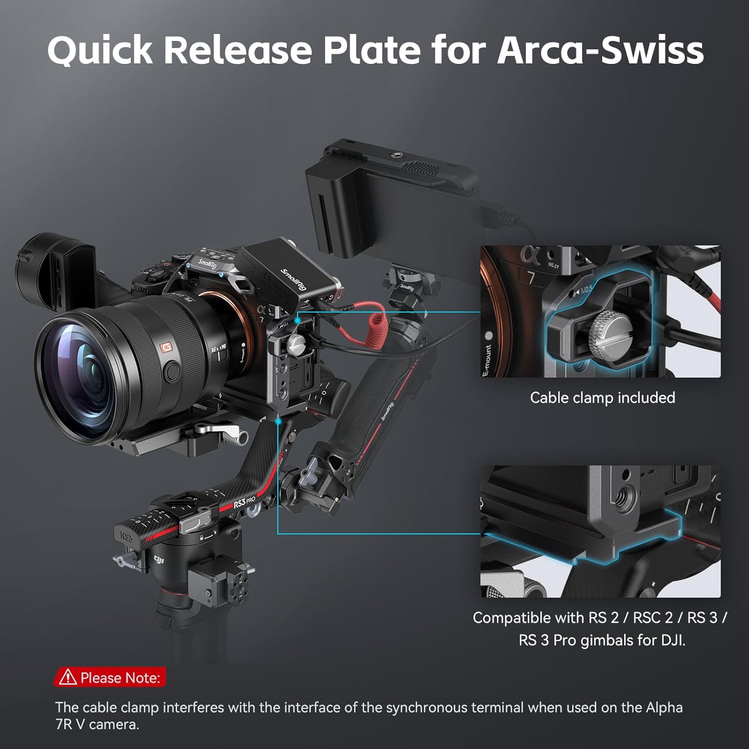 SmallRig Cage Kit 4308 with cable clamp installed, showing compatibility with Arca-Swiss quick release plate