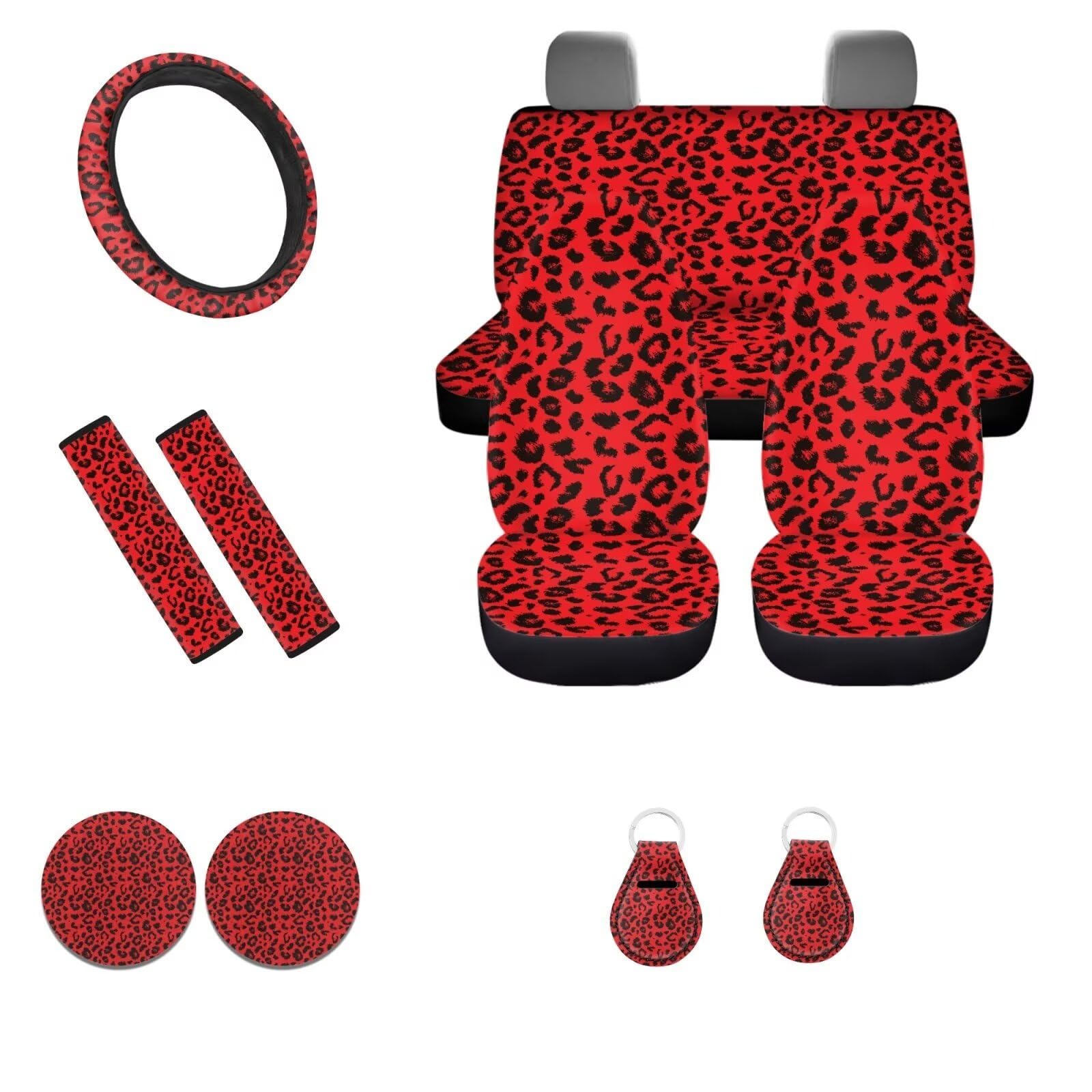 POLERO Juego de fundas para asiento de coche y accesorios con estampado de leopardo rojo, 11 piezas, funda para volante con estampado animal de guepardo rojo, almohadillas para cinturón de seguridad