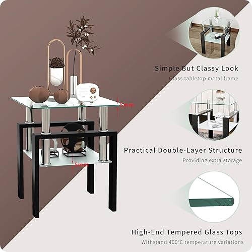 Miniatura 6 de Juego de 2 mesas auxiliares de cristal, mesa de cristal pequeña, mesa auxiliar negra con parte superior de vidrio templado, marco de metal, para