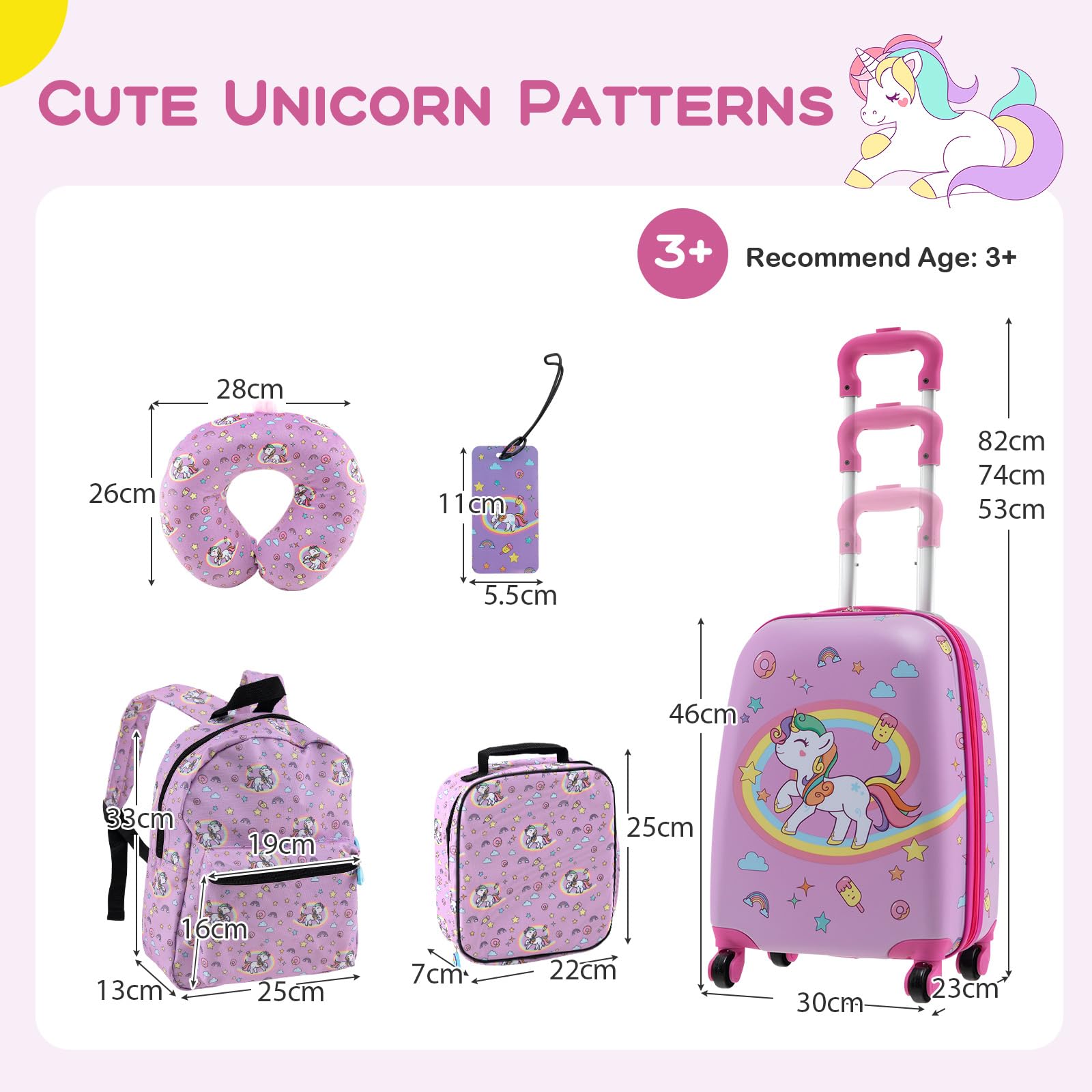 SOARS Maleta Infantil de 5 Piezas, Maleta Viaje con Mochila, Cojín Cervical, Bolsa de Almuerzo y Etiqueta de Equipaje, Equipaje Infantil con Ruedas y Asa Telescópica, para niños y niñas (Unicornio)