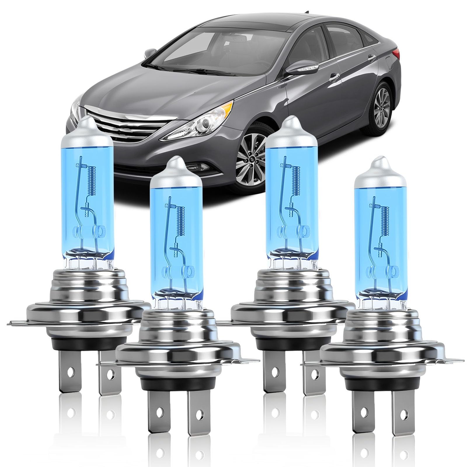 OQSNCV Fit for Hyundai Sonata 2011 2012 2013 2014 Halogen Headlight Bulbs, H7 High Beam+ H7 Low Beam Headlamp Replacement Bulbs Kit 100W, Pack of 4