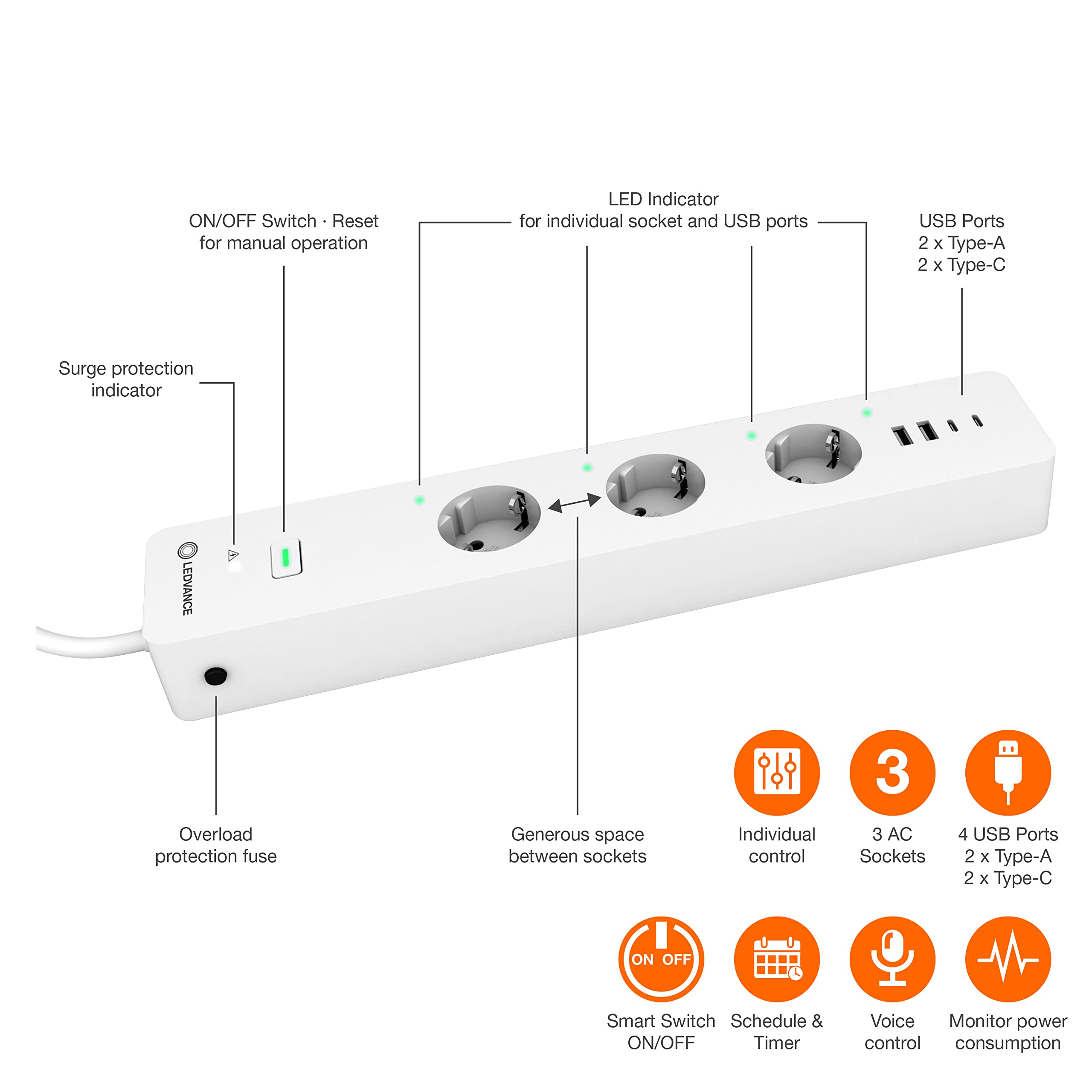 Ledvance Smart WiFi Multi Power Socket, Blanco