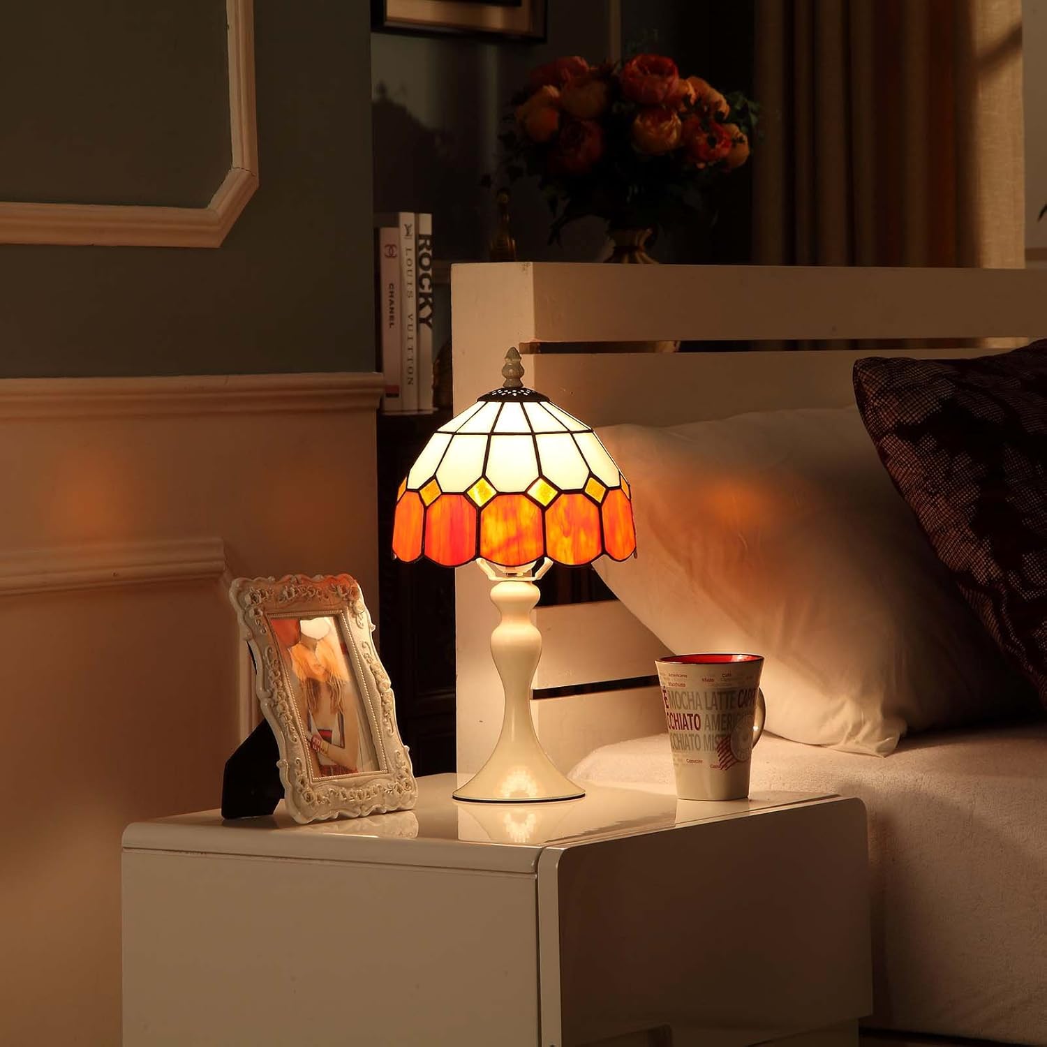 Bieye L10471 Mediterranean Tiffany Style Stained Glass Table Lamp with Metal Base Orange Lampshade, 8" Wx15 H