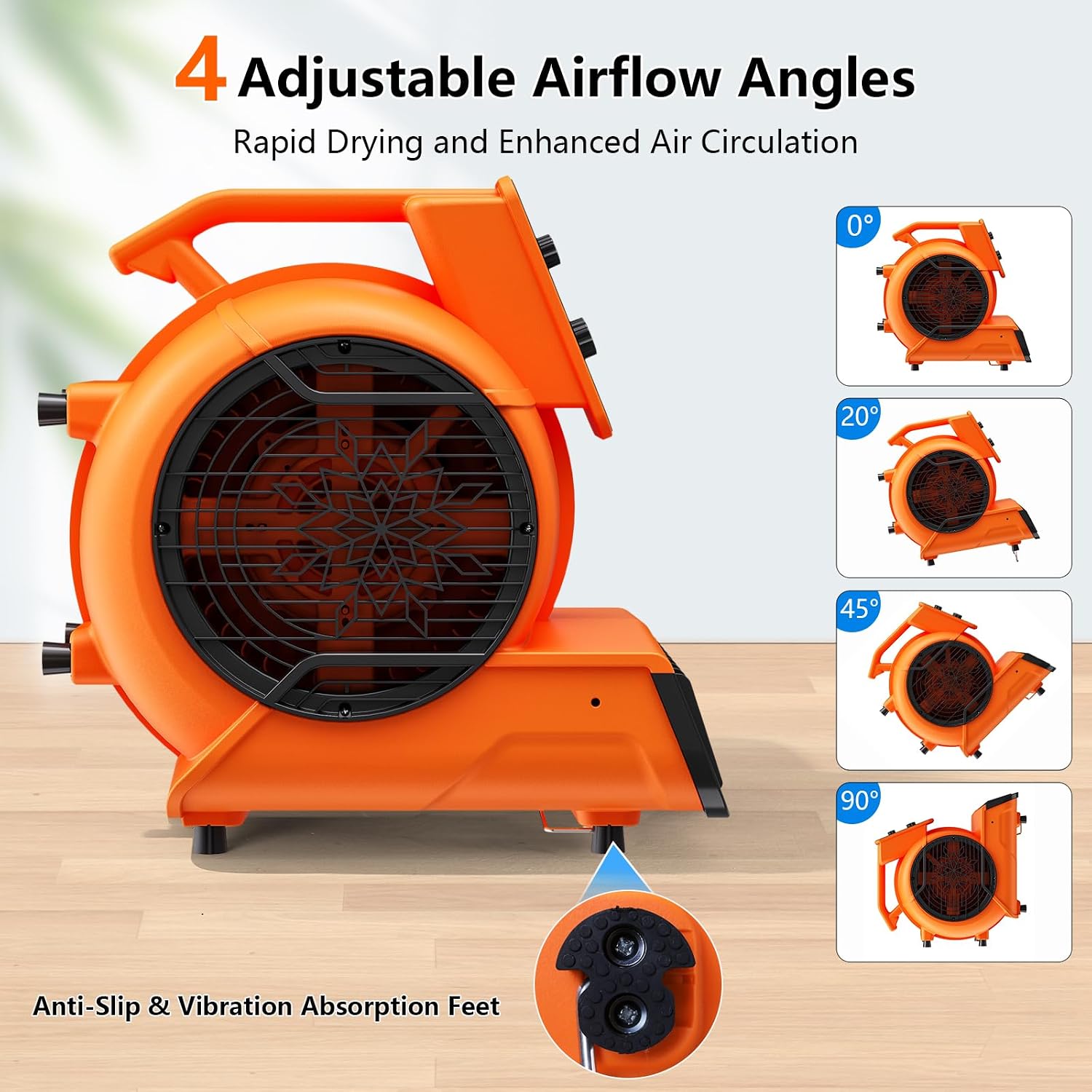 Air Mover, 1/2 HP 2600 CFM Portable Blower Fan, Floor Fan, Carpet Dryer, Floor Dryer, 3-Speed, 4 Adjustable Angles, Timer, Stackable, Air Blower for Janitorial, Home, Plumbing, Commercial, ETL Listed