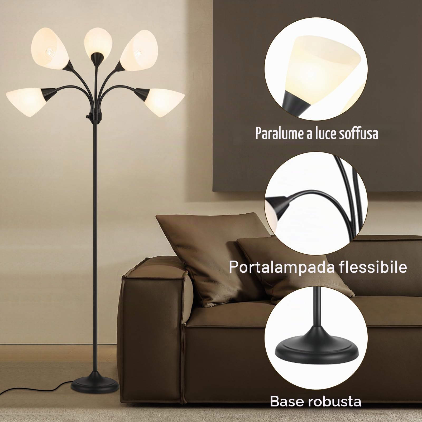 HonoDing Medusa Lampada da terra Lampade da terra 5 teste luce di lettura regolabile Grande paralume Usa E27 Lampade da terra per soggiorno camera da letto (Nero)