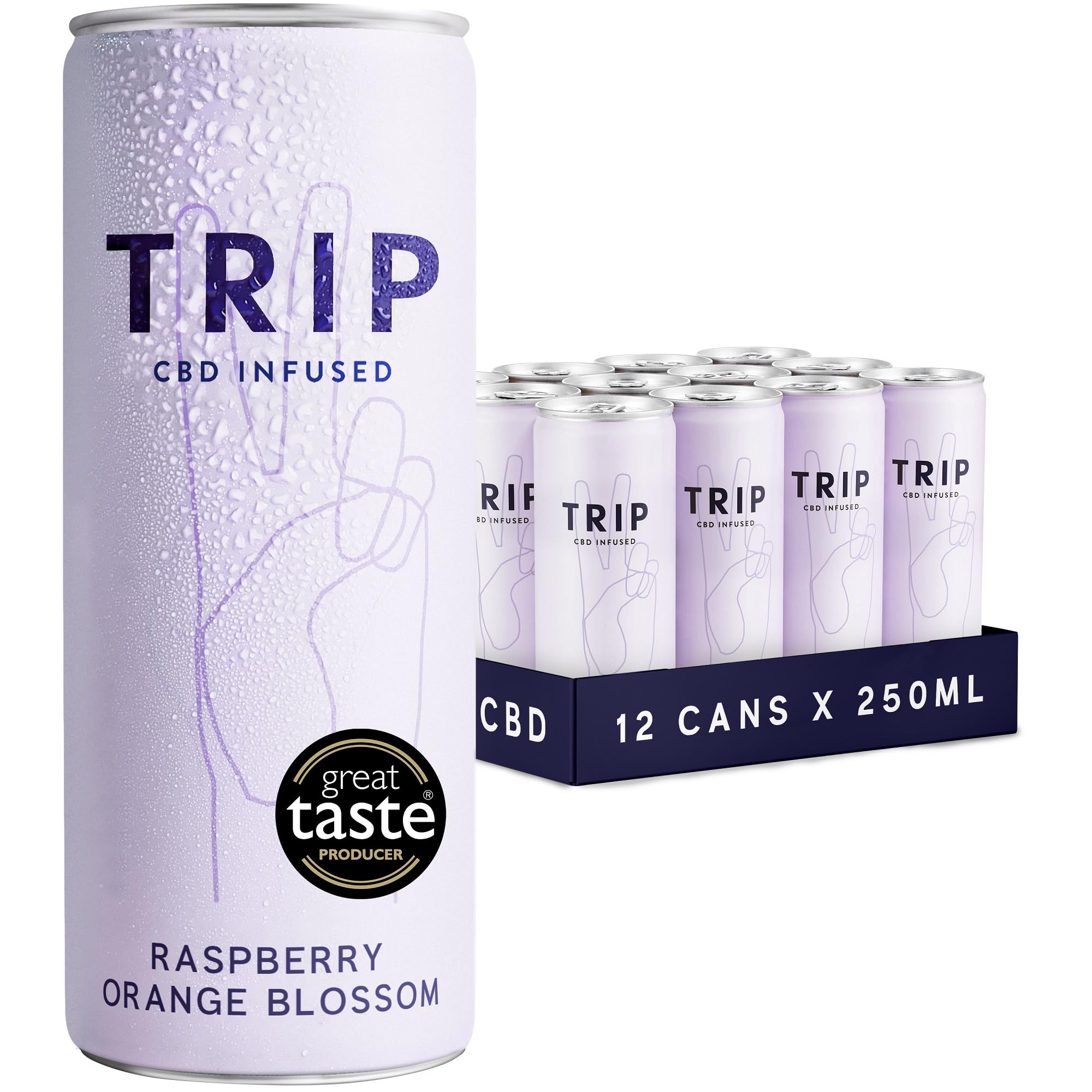 TRIP CBD Drink, Sparkling Raspberry Orange Blossom, 25mg CBD Fizzy Drink, Low Calorie, Vegan (Pack of 12 x 250ml)