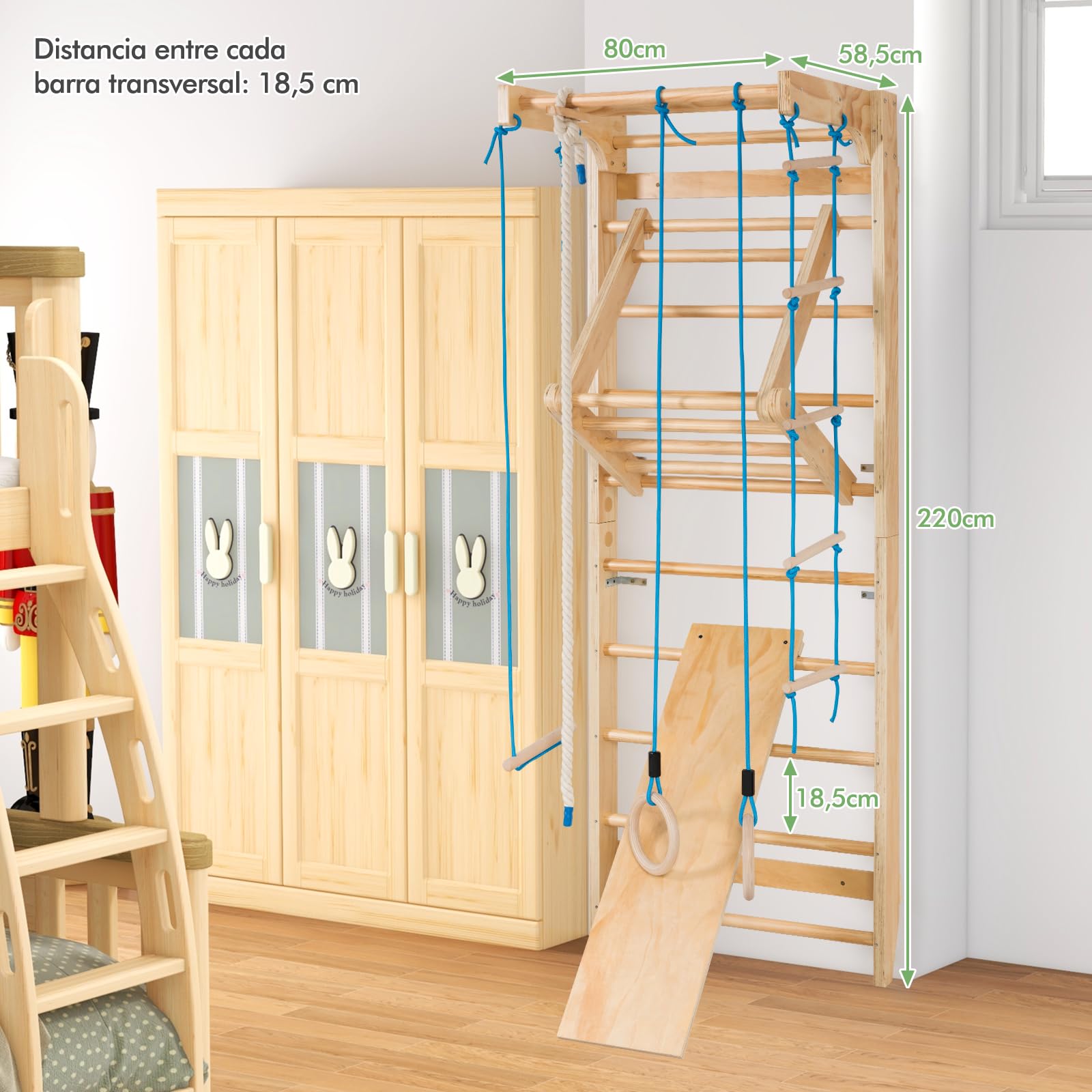 COSTWAY Espaldera Gimnasio Casa, Escalera Sueca Madera, Barra de Dominadas, Equipo de Entrenamiento para Adultos y Niños, Fitness Casa Deportiva Carga 100kg, 80x60x220cm, Natural