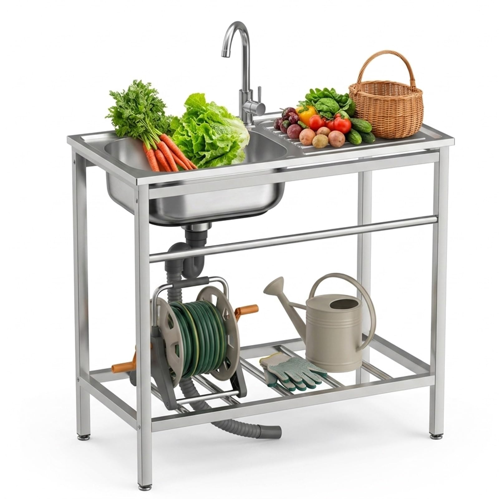 Grand Évier Cuisine 1 Bac avec Plate-Forme D'exploitation, Évier Autoportant avec Porte-Serviettes et Robinet, Évier Utilitaire INOX, évier d'extérieur pour Cuisine, Garage(Single-layer)