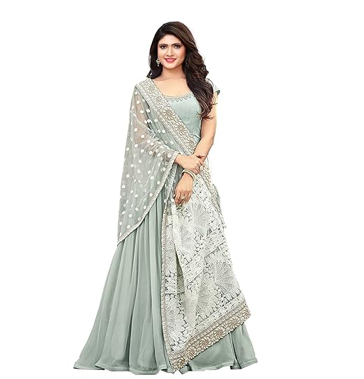 RE Enterprise Womens Pista Color New Latest Georgette Anarkali Stylish Indian Ethnic wear Ladies semistitch Heavy Gown with Dupatta