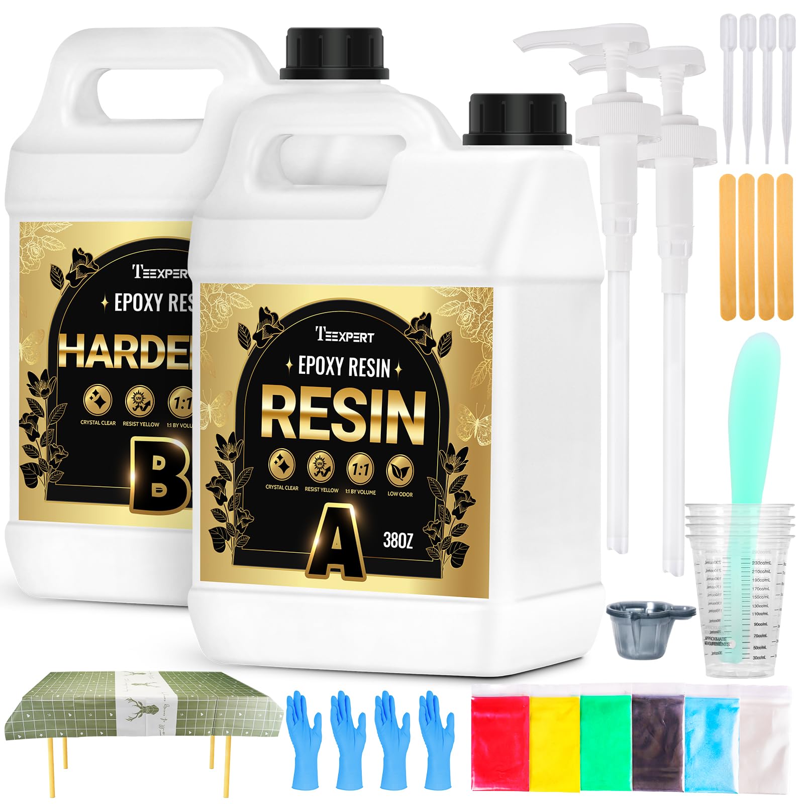 Teexpert Epoxy Resin Kit: 76OZ Casting Resin Crystal Clear Yellow Resistant Self Leveling for Art Craft DIY Jewelry Making with Pigment and Tools for Beginner Starter