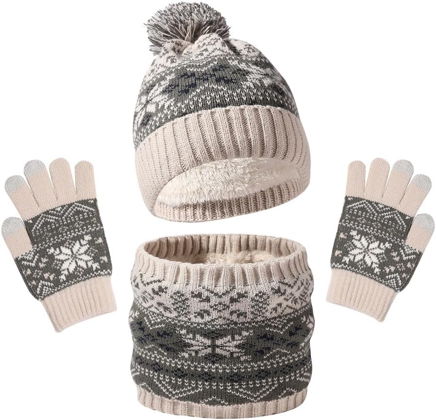 Kids Winter Hat, Glove, and Scarf Set, Knit Beanie with Fleece Lining, 5-10 Years
