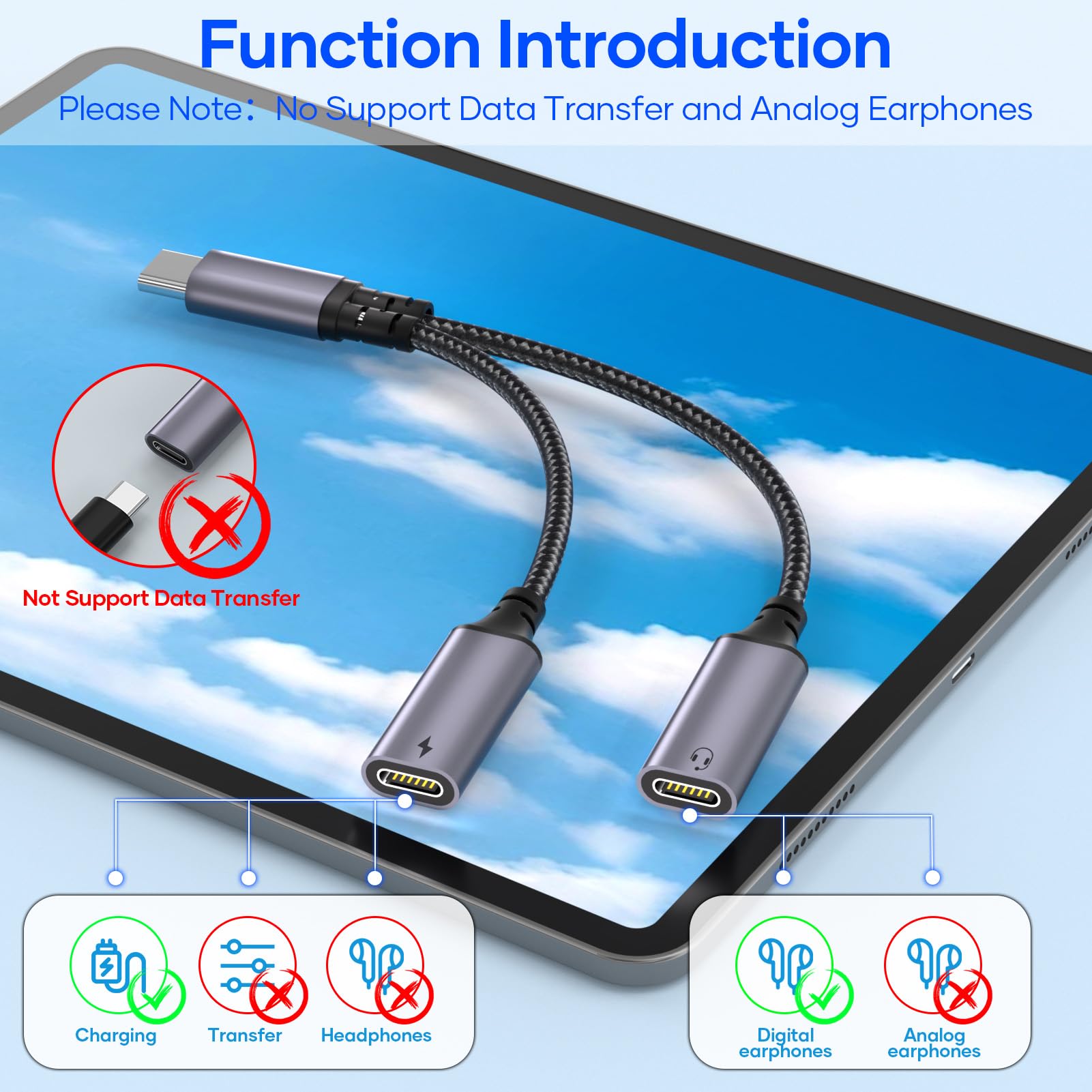 Répartiteur Double USB C 2 en 1 Adaptateur USB-C Audio et Charge pour iPhone 16 15 Pro Max iPad Samsung S25 S24 S23, Gris