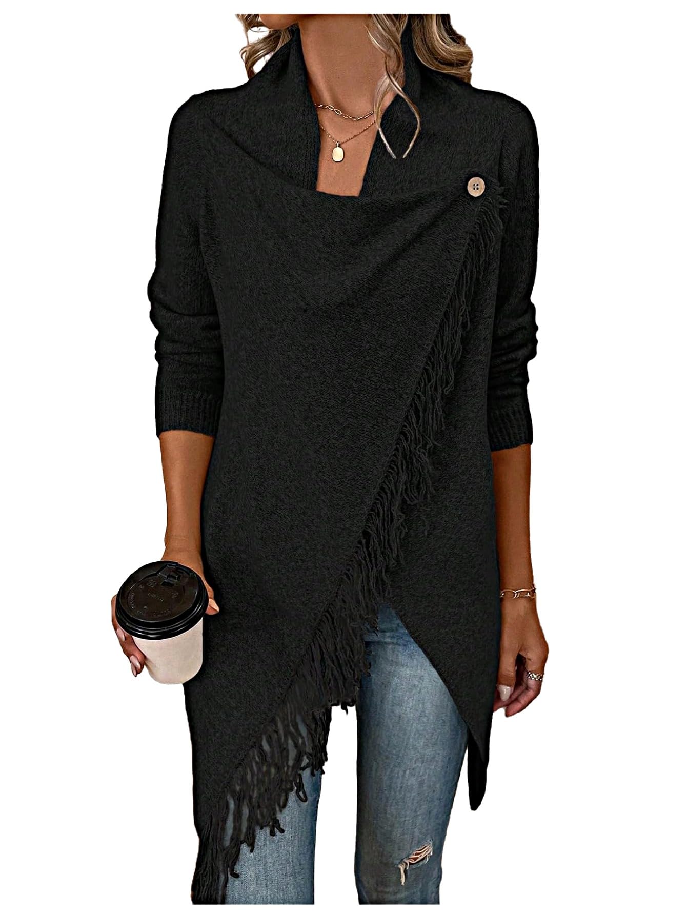 MakeMeChic Womens Fringe Trim Wrap Cardigan Boho Poncho Sweater Draped Knitted Long Sleeve Outerwear
