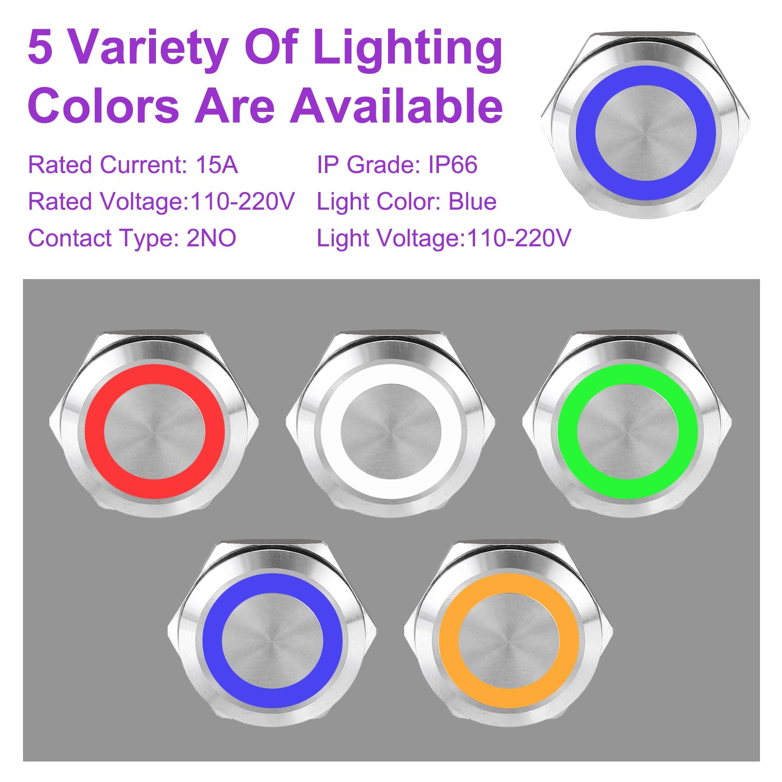 DMiotech 7/8 Inch Stainless Steel Momentary Push Button Switch Flat Head 15A 12-24V Silver Shell 6 Pin with Cable Socket Blue Ring LED 2NO for Car Boat Systems Custom Setups - Image 3