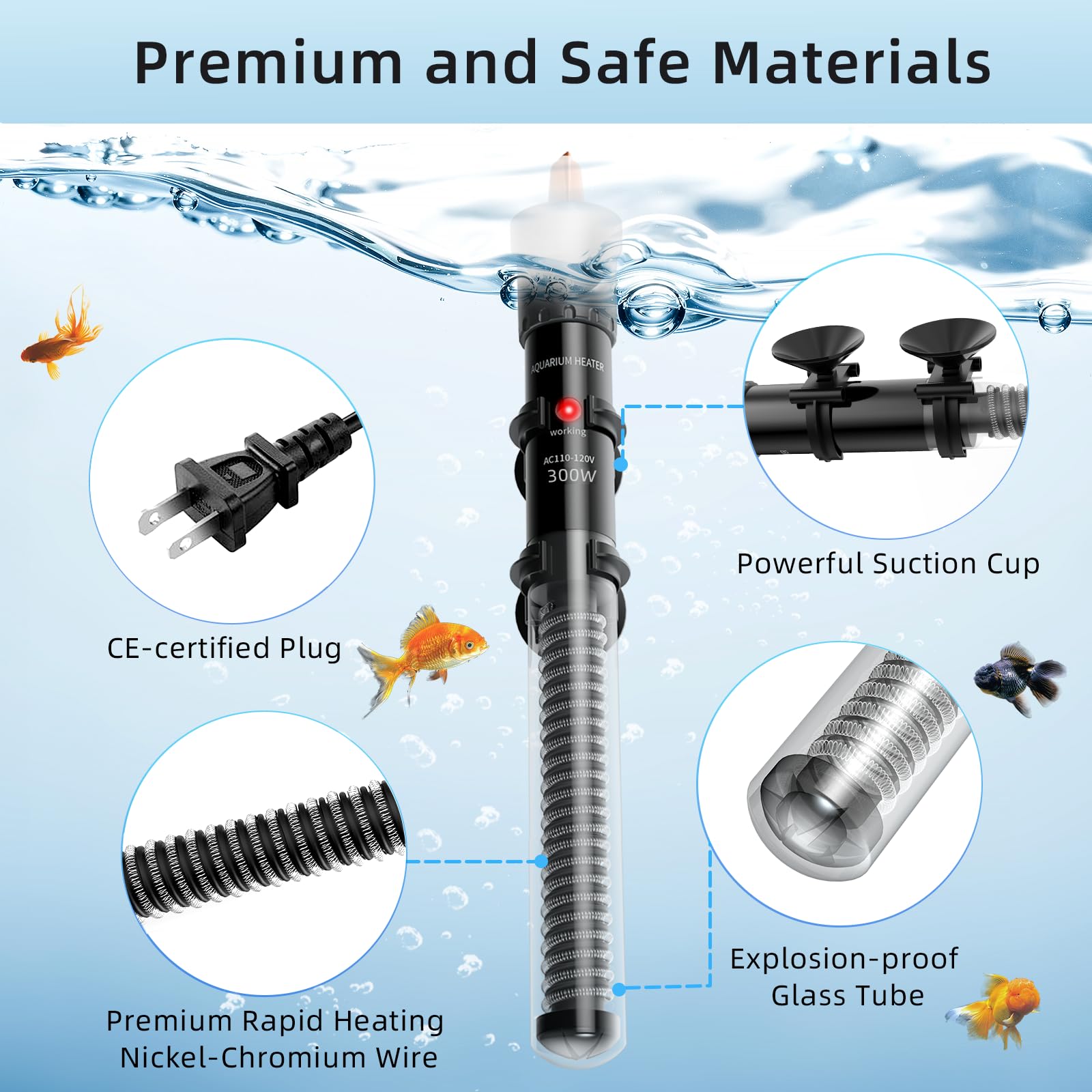 HiTauing Chauffage d'aquarium 25 W/50 W/100 W/200 W/300 W, bouton réglable, chauffage d'aquarium avec thermomètre numérique, chauffe-réservoir submersible Betta/Tortue pour réservoirs d'eau douce et