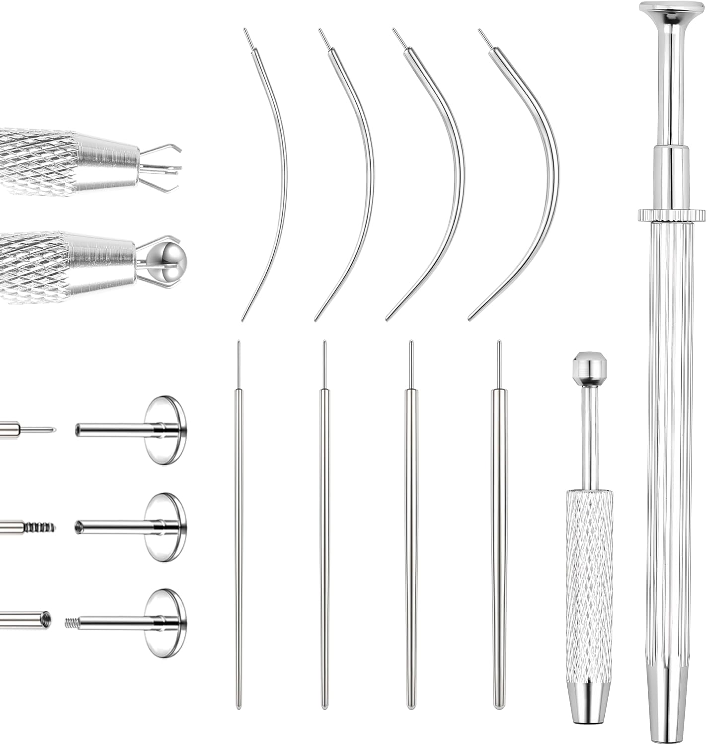 Piercing Taper Ball Grabber Tool for Jewelry Change– 14G 16G 18G 20G Stainless Steel Applicator, Flat Back Earrings, Threadless Insertion Pin, Body Piercing Kit for Ear, Nose, Lip Piercings