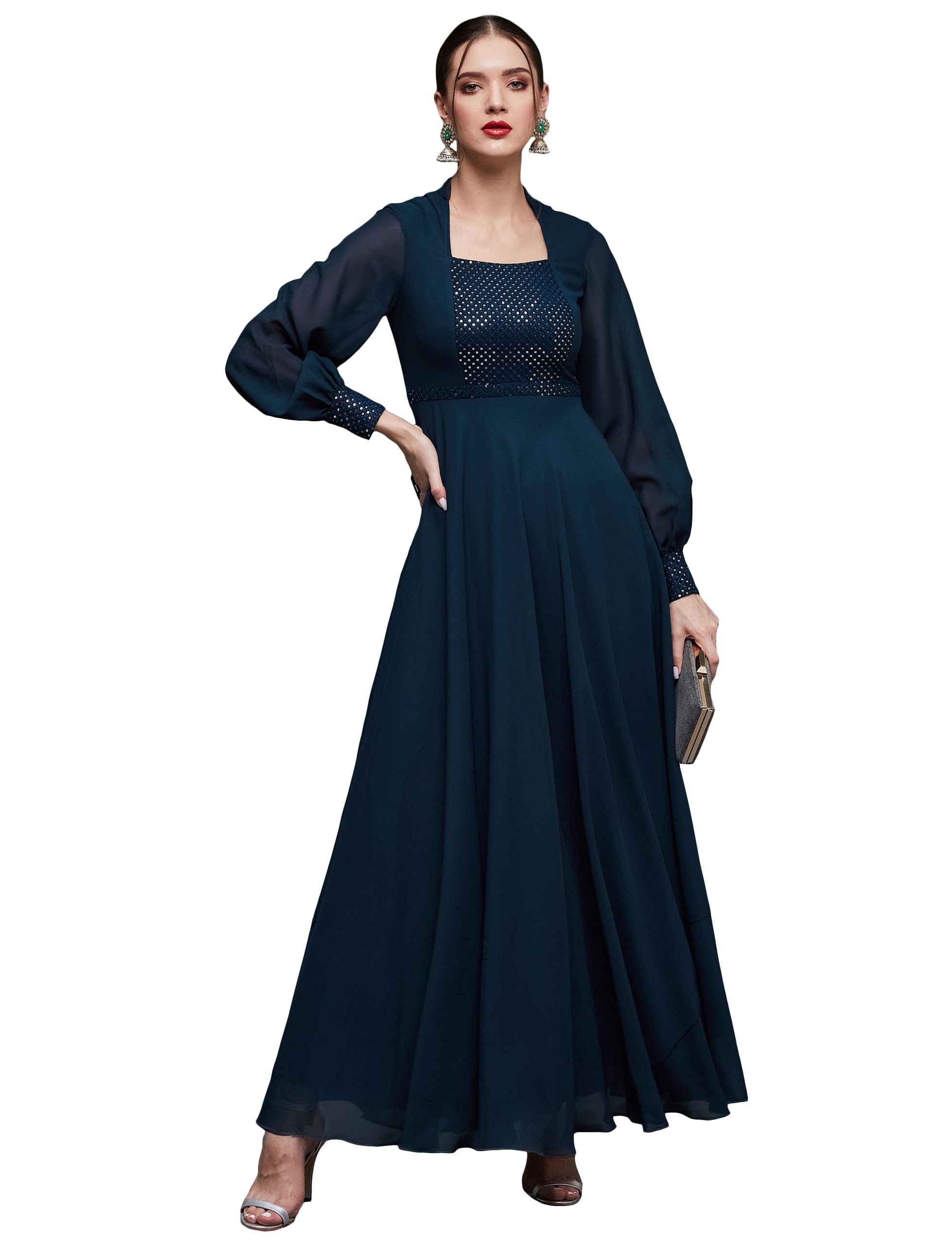 Women's Mandarin-Collar Bishop Sleeve Embellished Panelled Georgette Maxi Dress with Pockets-image-45