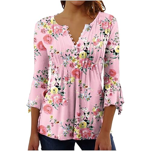 Bohemian Tops for Women Trendy 2023 Sexy Elegant t-Shirt Boho Floral Print 3/4 Bell Sleeve v Neck Shirts Blouse