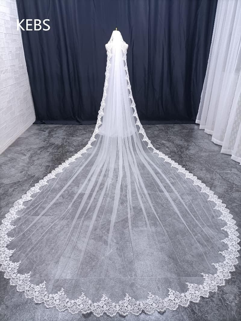 Bruidssluier van tule met kanten rand, brede sleepdoek, bruidssluier met kamsluiers, sluier van 200-500 cm lengte, bruidssluier van meerdere maten