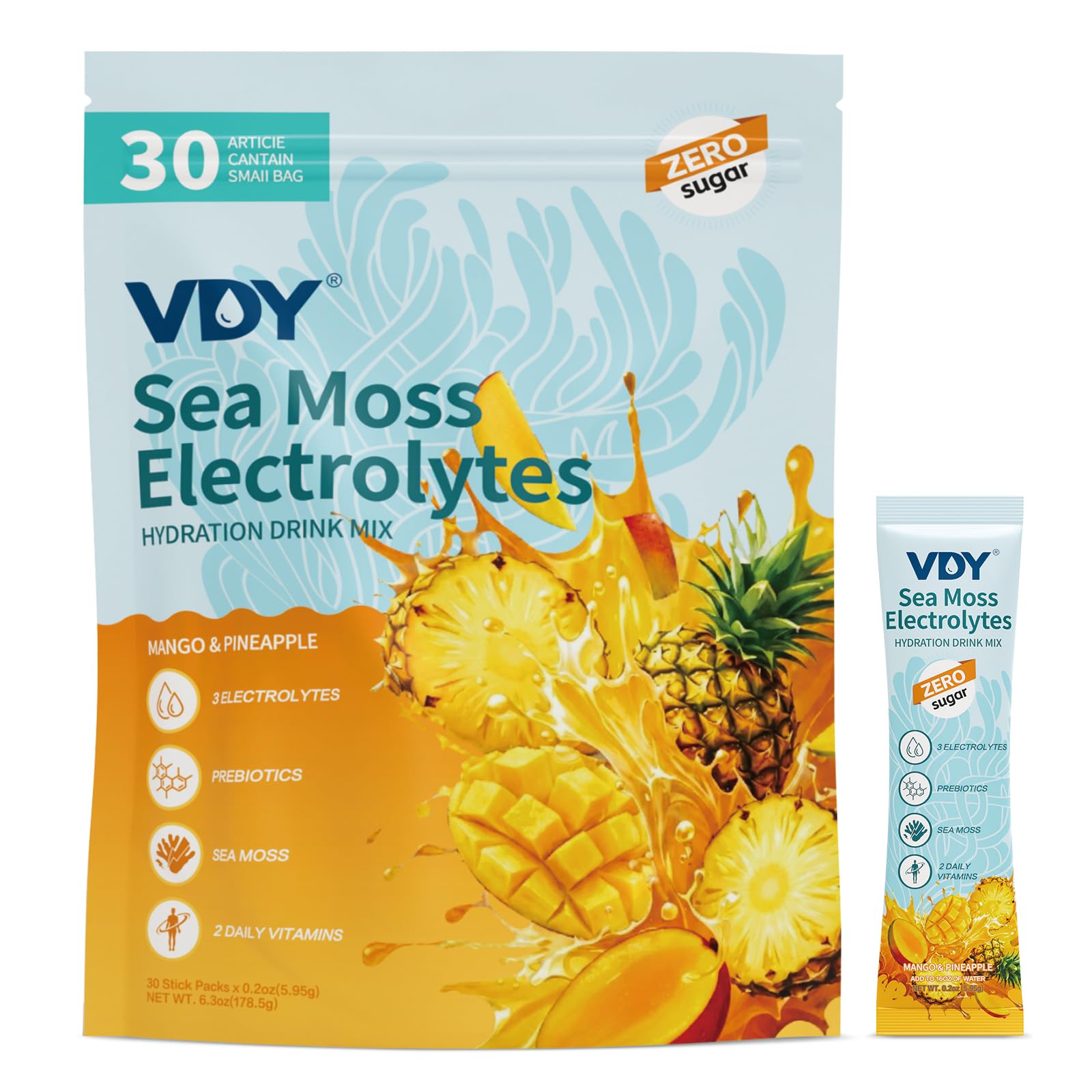 Sea Moss Electrolytes Powder Packets - Hydration Packets Sugar Free - Electrolyte Packets with 30 Sticks - Zero Sugar & 0 Calorie - Keto Friendly - Gluten Free Drink Mix - Mango Pineapple